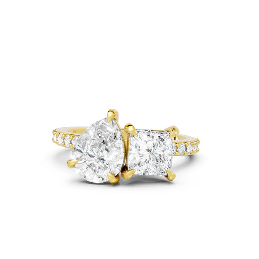 14K Gold Pear and Princess Cut Diamond Toi et Moi Engagement Ring with Side Accents