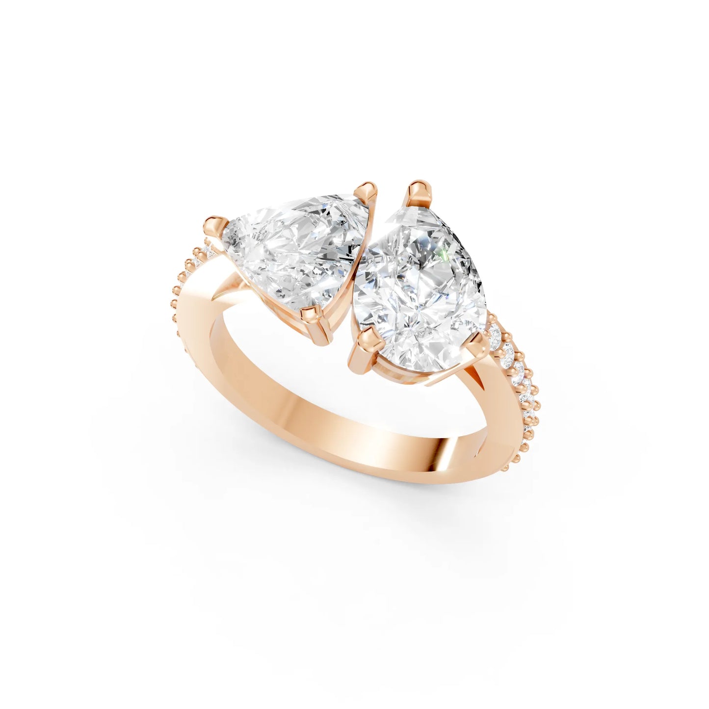 14K Gold Trillion and Pear Cut Diamond Toi et Moi Engagement Ring with Side Accents