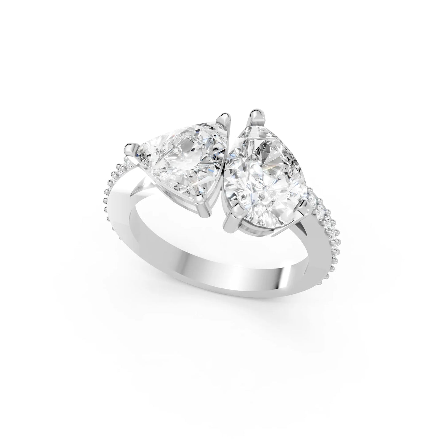 14K Gold Trillion and Pear Cut Diamond Toi et Moi Engagement Ring with Side Accents