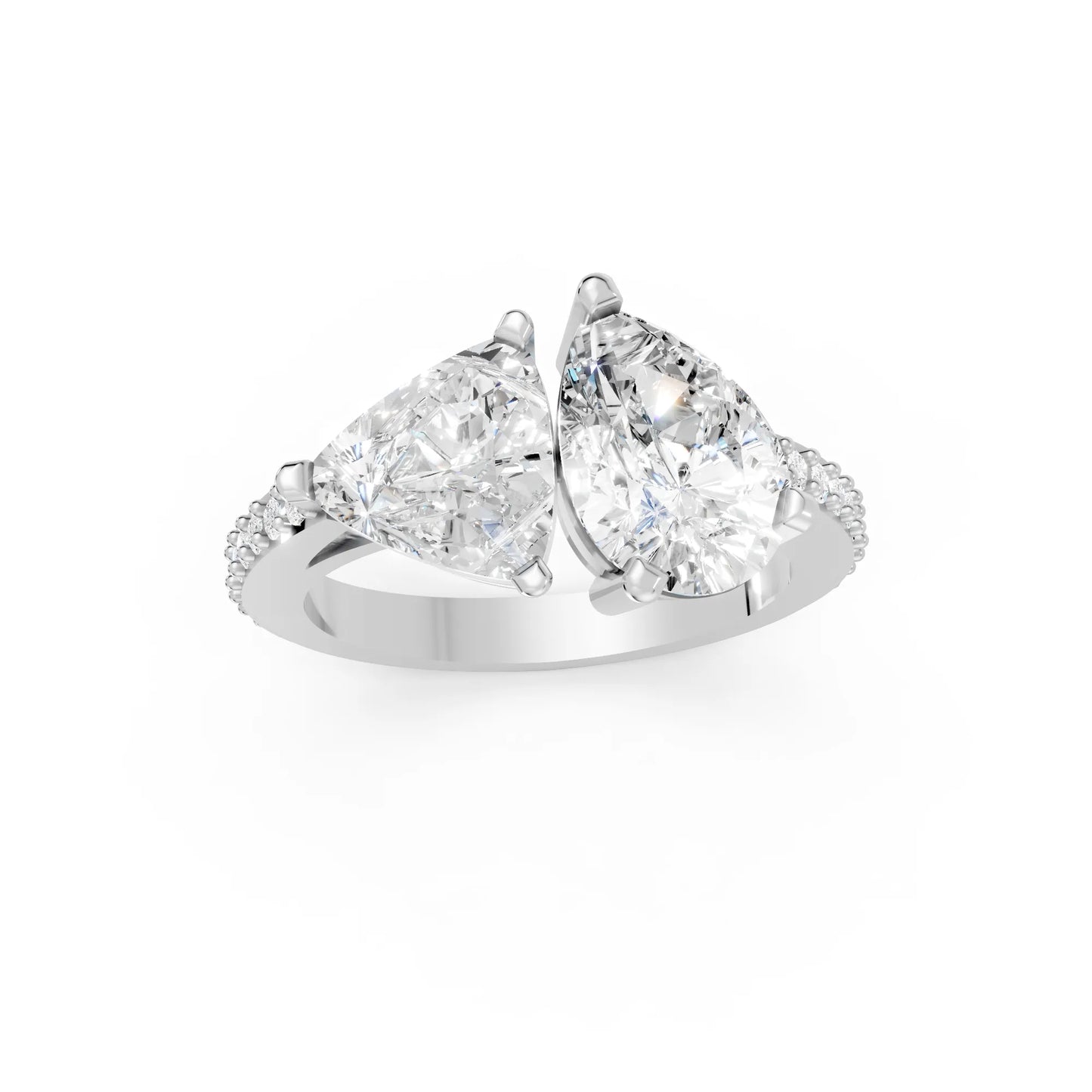 14K Gold Trillion and Pear Cut Diamond Toi et Moi Engagement Ring with Side Accents