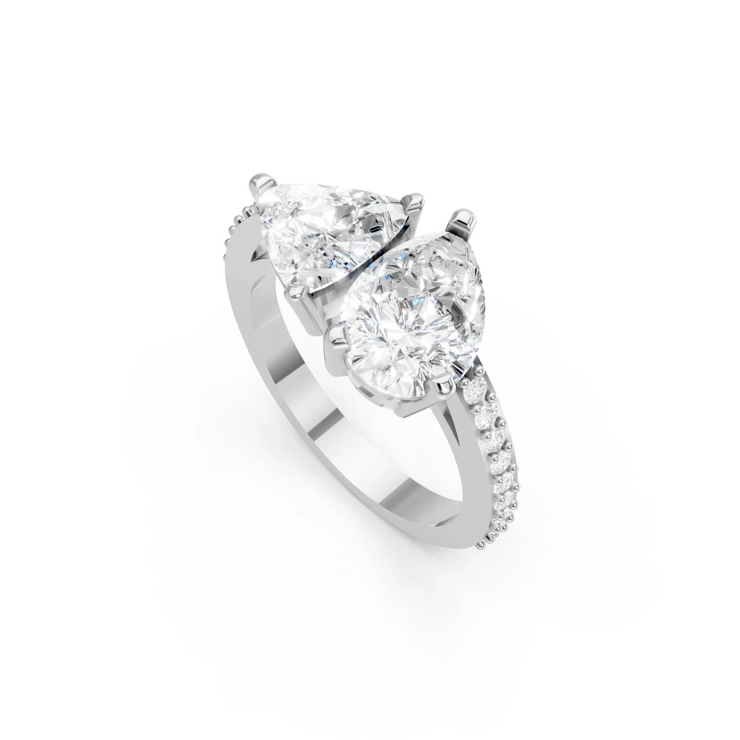 14K Gold Trillion and Pear Cut Diamond Toi et Moi Engagement Ring with Side Accents