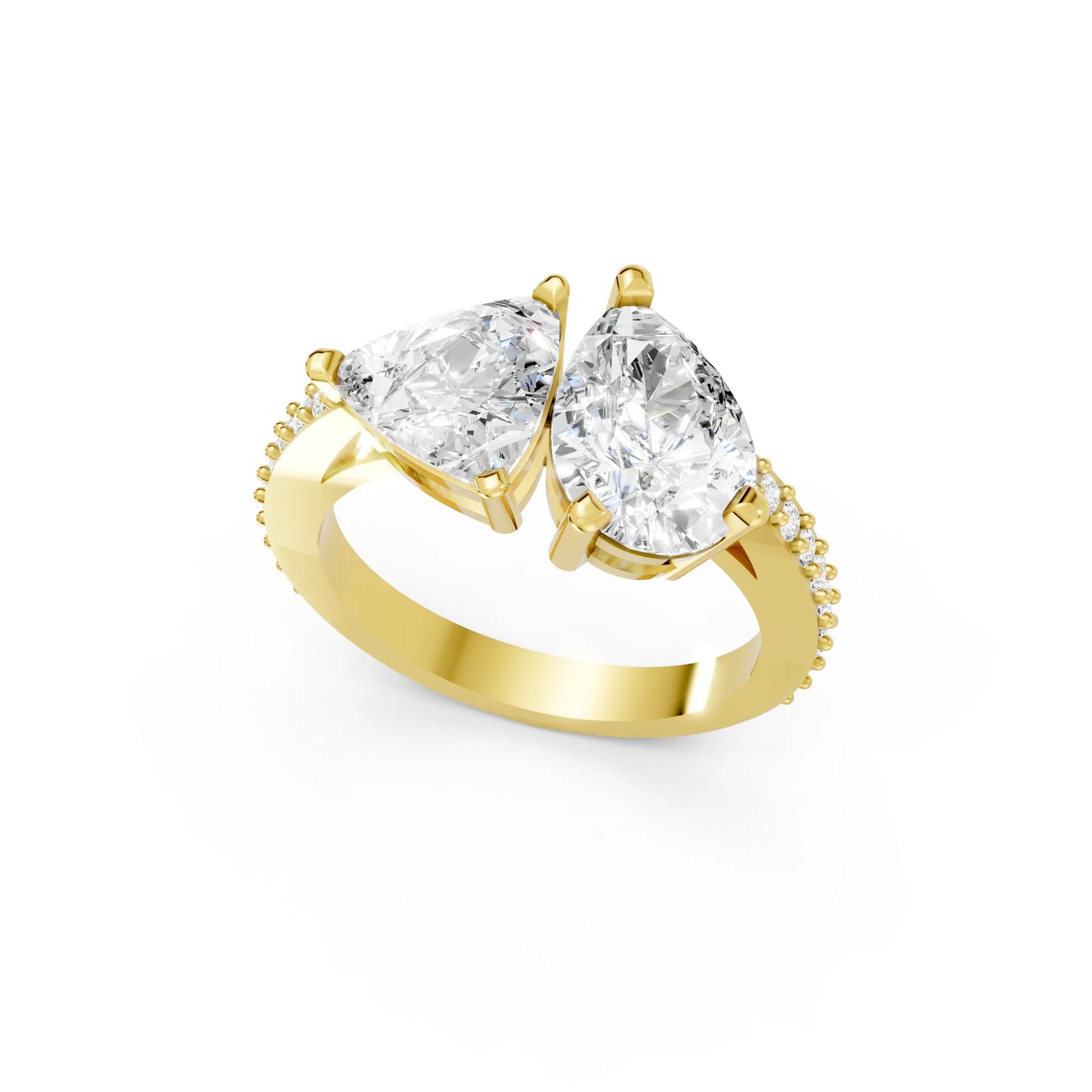 14K Gold Trillion and Pear Cut Diamond Toi et Moi Engagement Ring with Side Accents