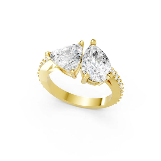 14K Gold Trillion and Pear Cut Diamond Toi et Moi Engagement Ring with Side Accents