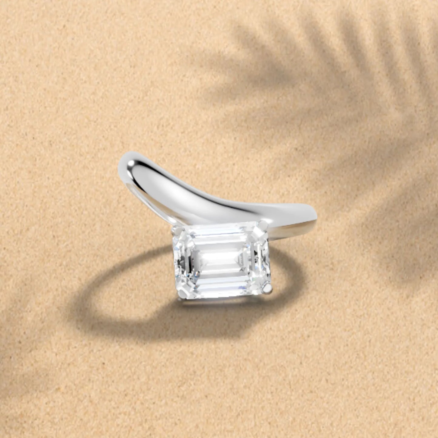 14K Gold Emerald Cut Diamond Cloud Offset Engagement Ring