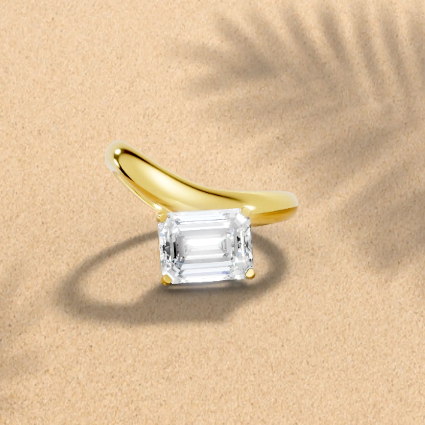 14K Gold Emerald Cut Diamond Cloud Offset Engagement Ring