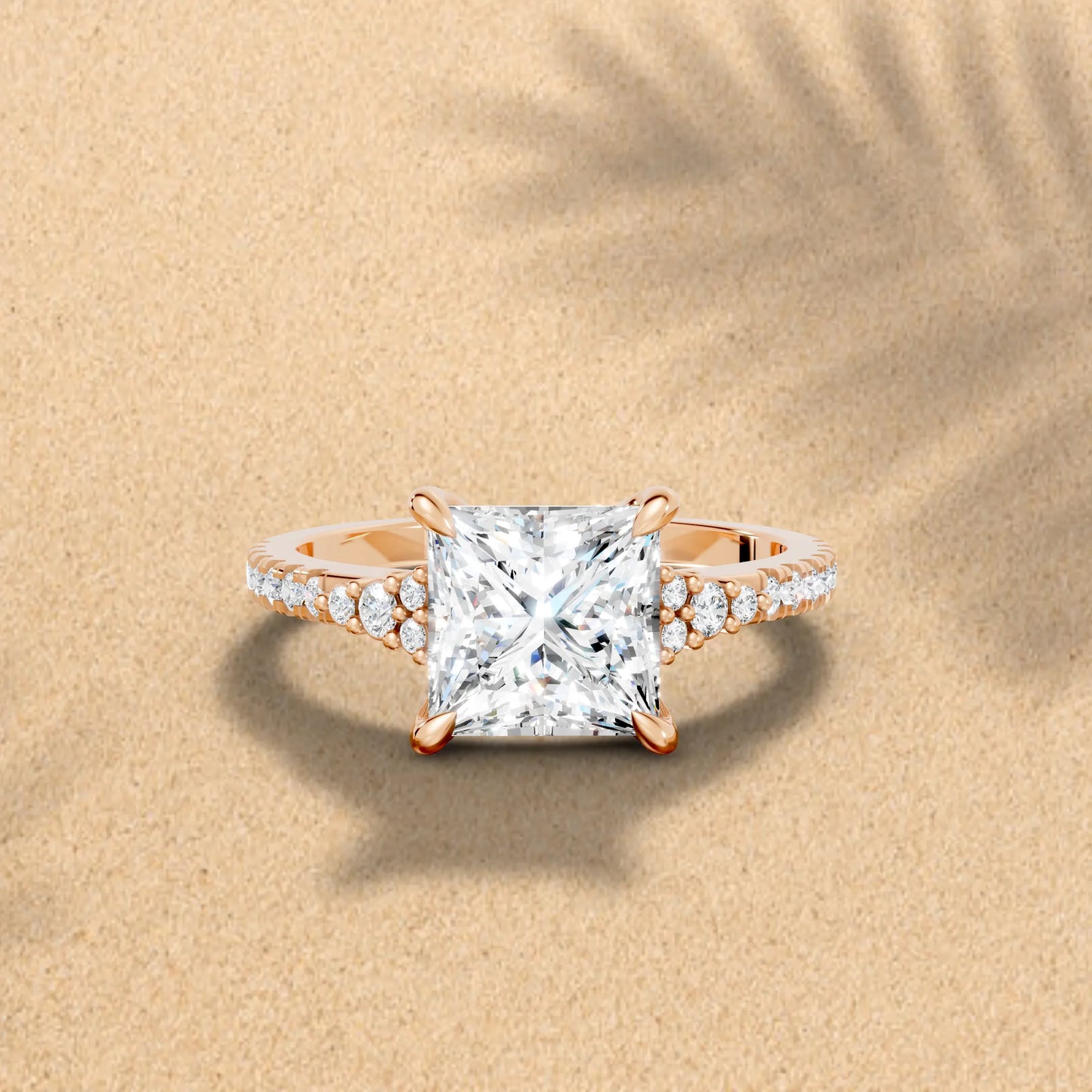 14K Gold Princess Cut Diamond Side Cluster Cathedral  Engagement Ring with Side Accents