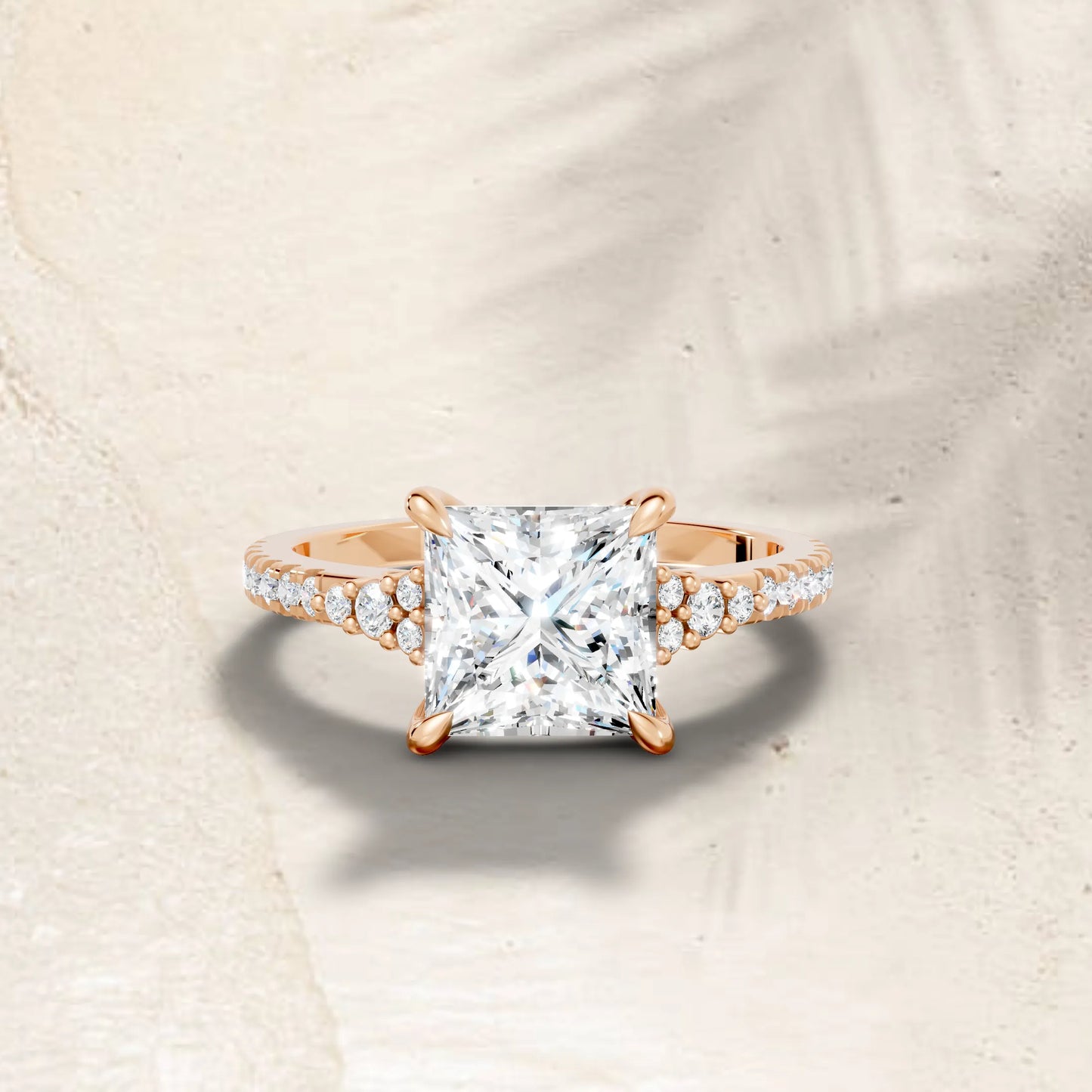 14K Gold Princess Cut Diamond Side Cluster Cathedral  Engagement Ring with Side Accents