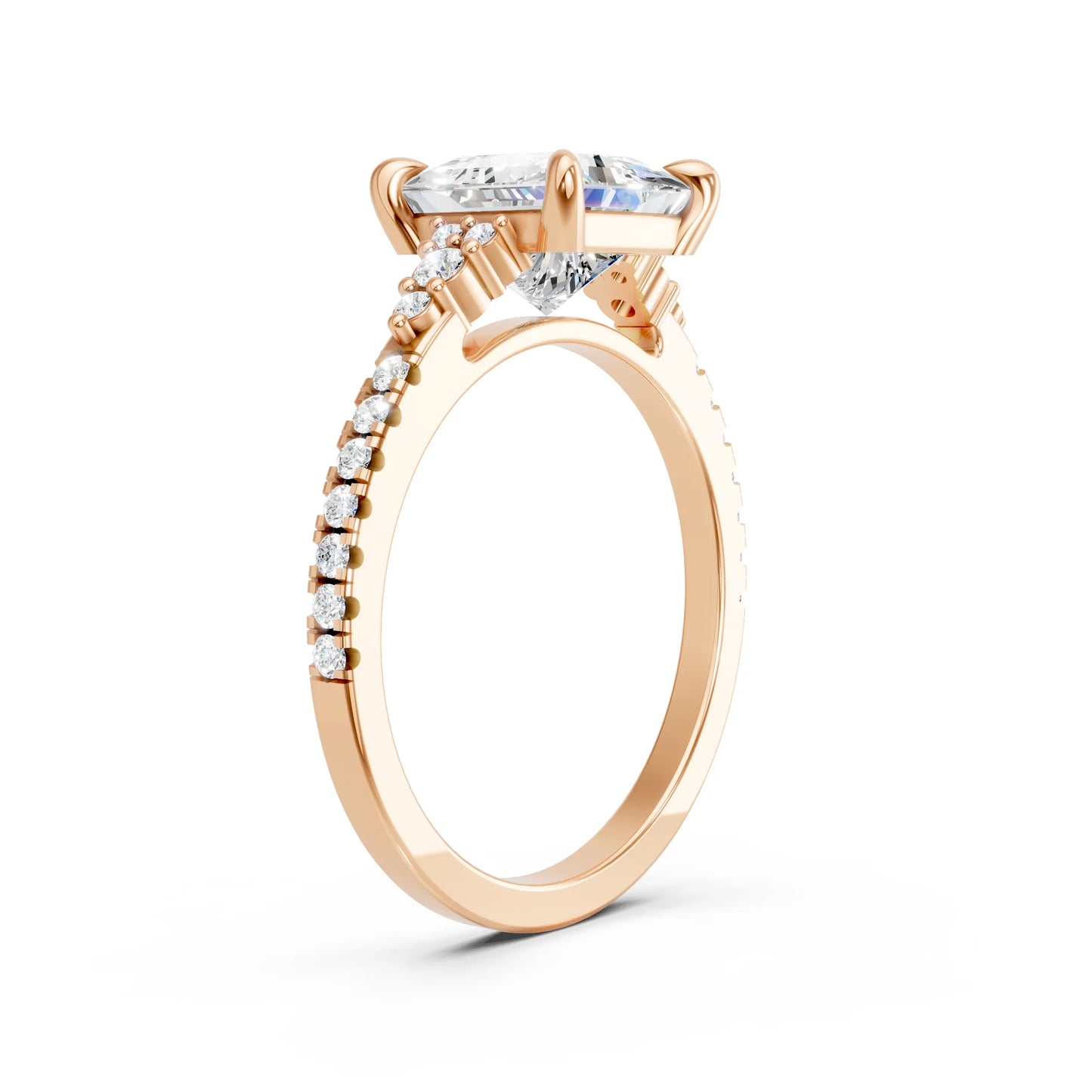 14K Gold Princess Cut Diamond Side Cluster Cathedral  Engagement Ring with Side Accents