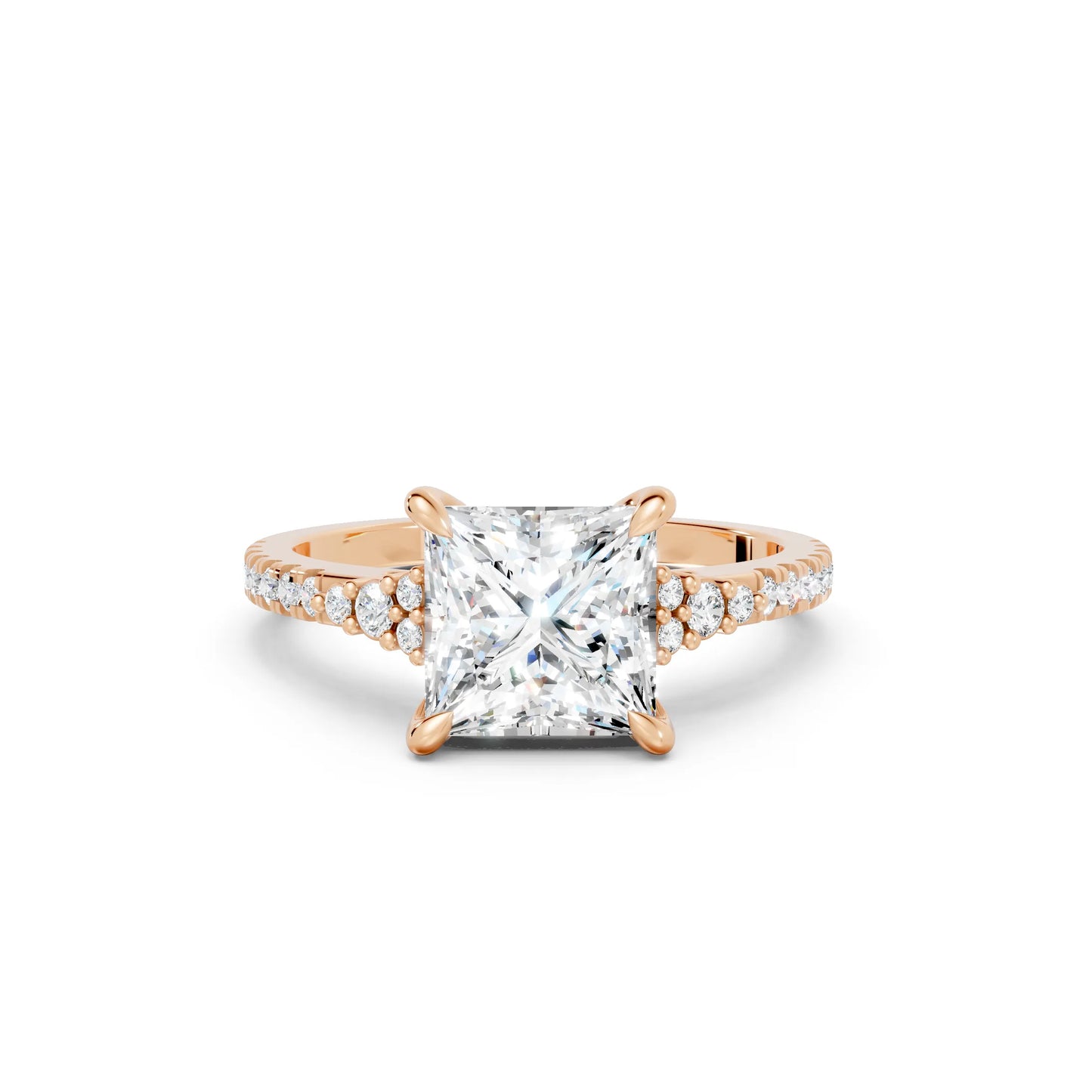 14K Gold Princess Cut Diamond Side Cluster Cathedral  Engagement Ring with Side Accents