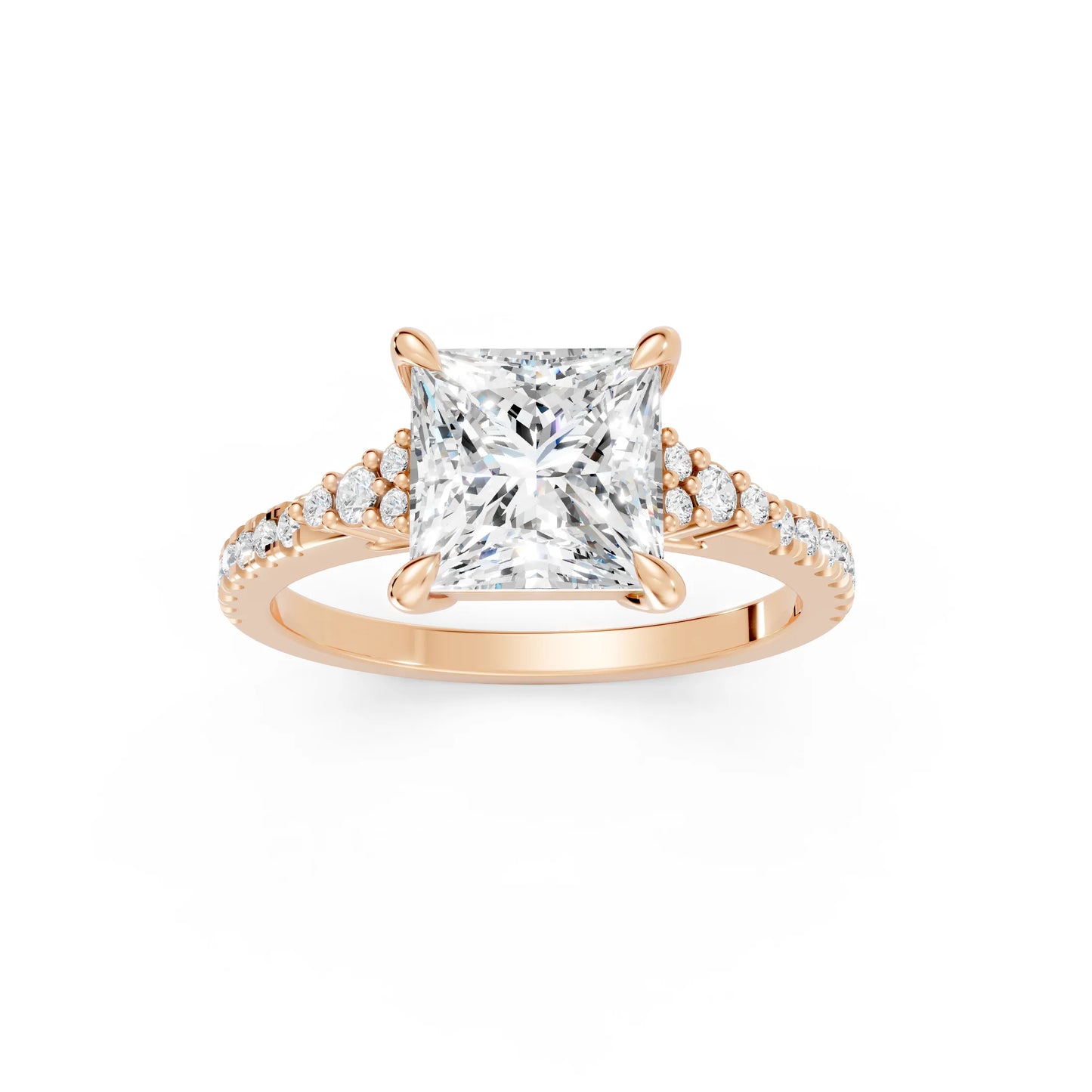 14K Gold Princess Cut Diamond Side Cluster Cathedral  Engagement Ring with Side Accents