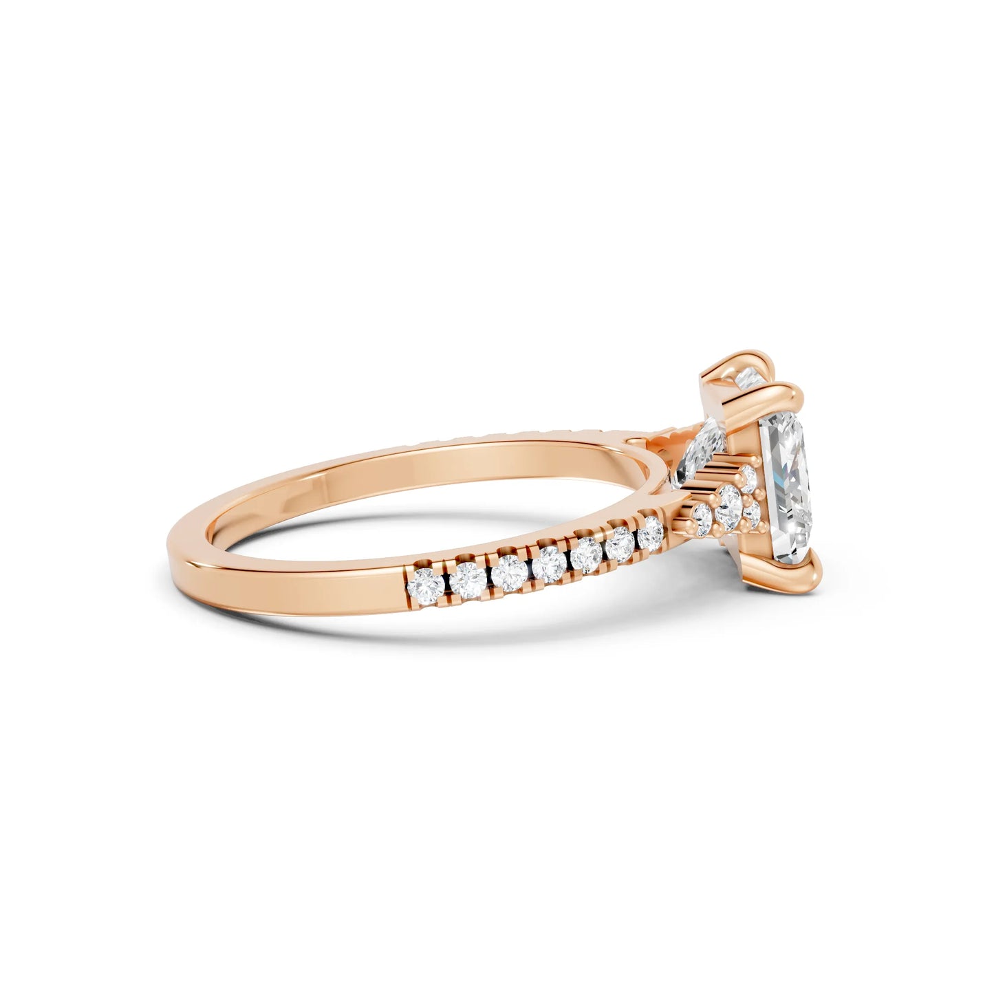 14K Gold Princess Cut Diamond Side Cluster Cathedral  Engagement Ring with Side Accents