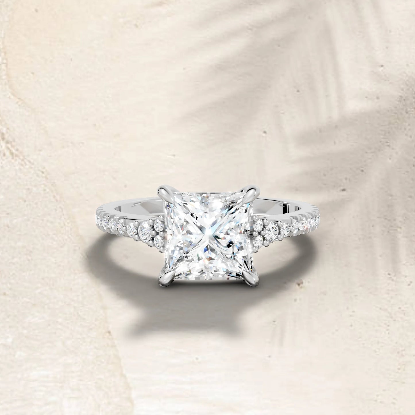 14K Gold Princess Cut Diamond Side Cluster Cathedral  Engagement Ring with Side Accents