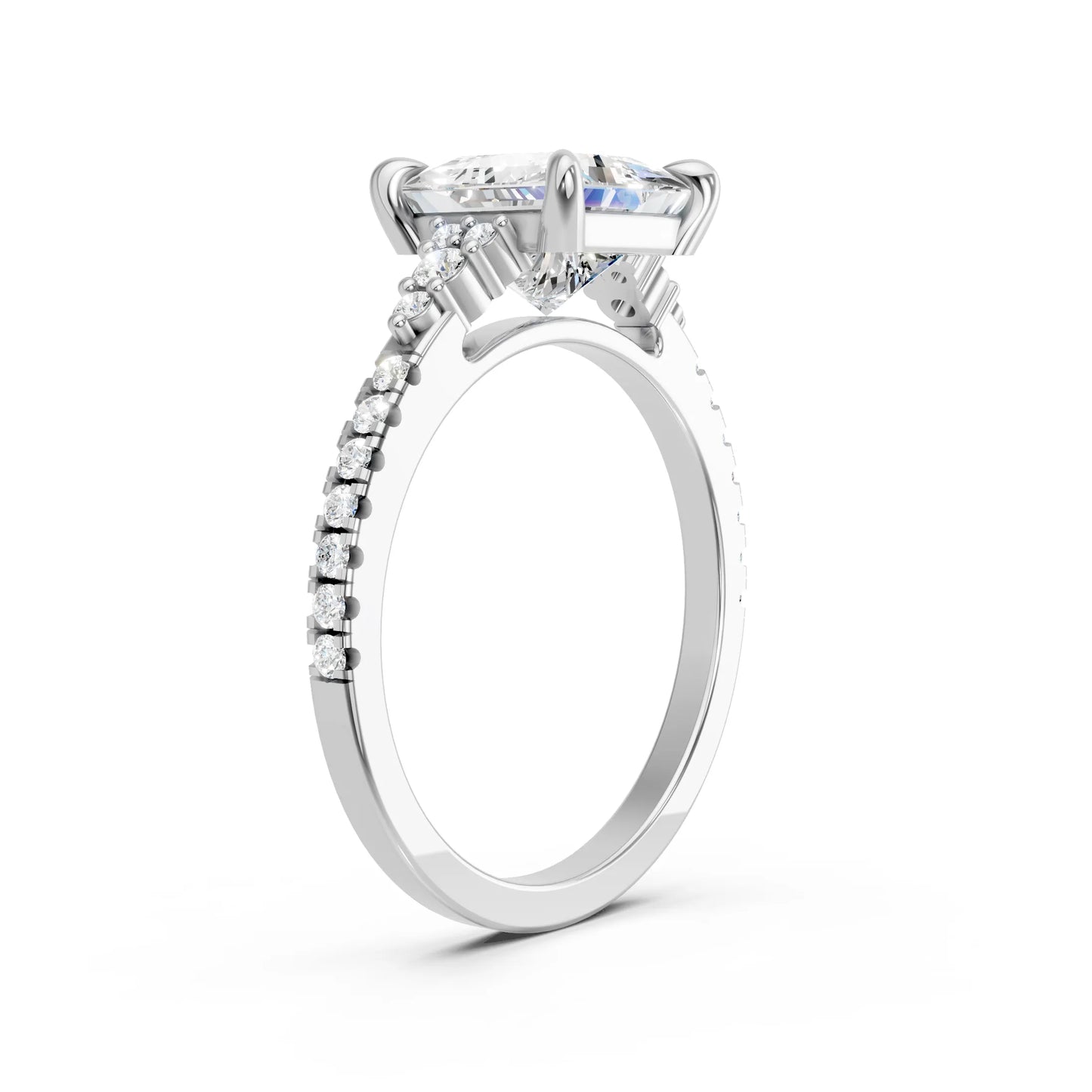 14K Gold Princess Cut Diamond Side Cluster Cathedral  Engagement Ring with Side Accents