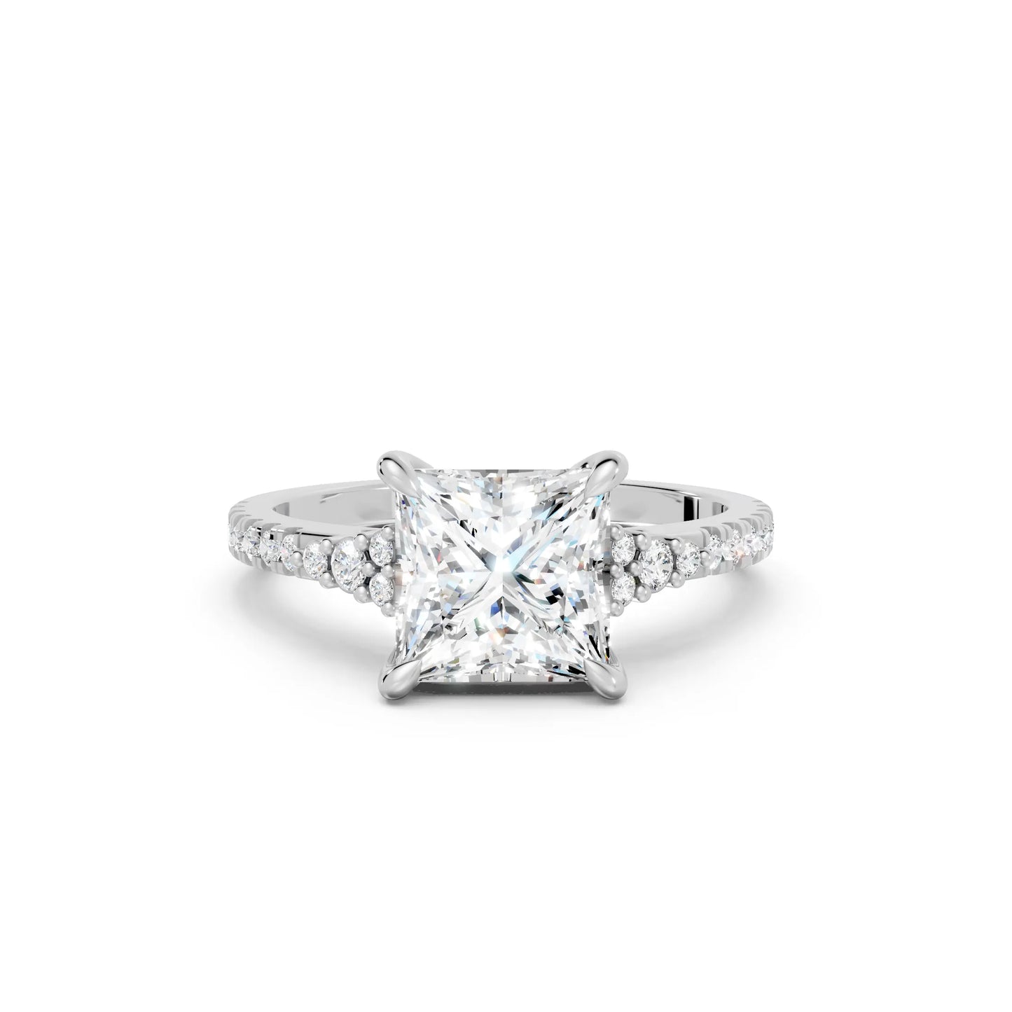 14K Gold Princess Cut Diamond Side Cluster Cathedral  Engagement Ring with Side Accents