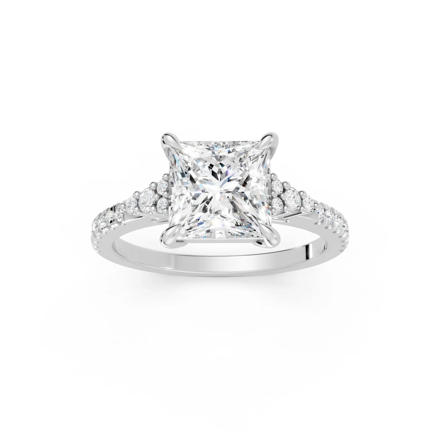 14K Gold Princess Cut Diamond Side Cluster Cathedral  Engagement Ring with Side Accents