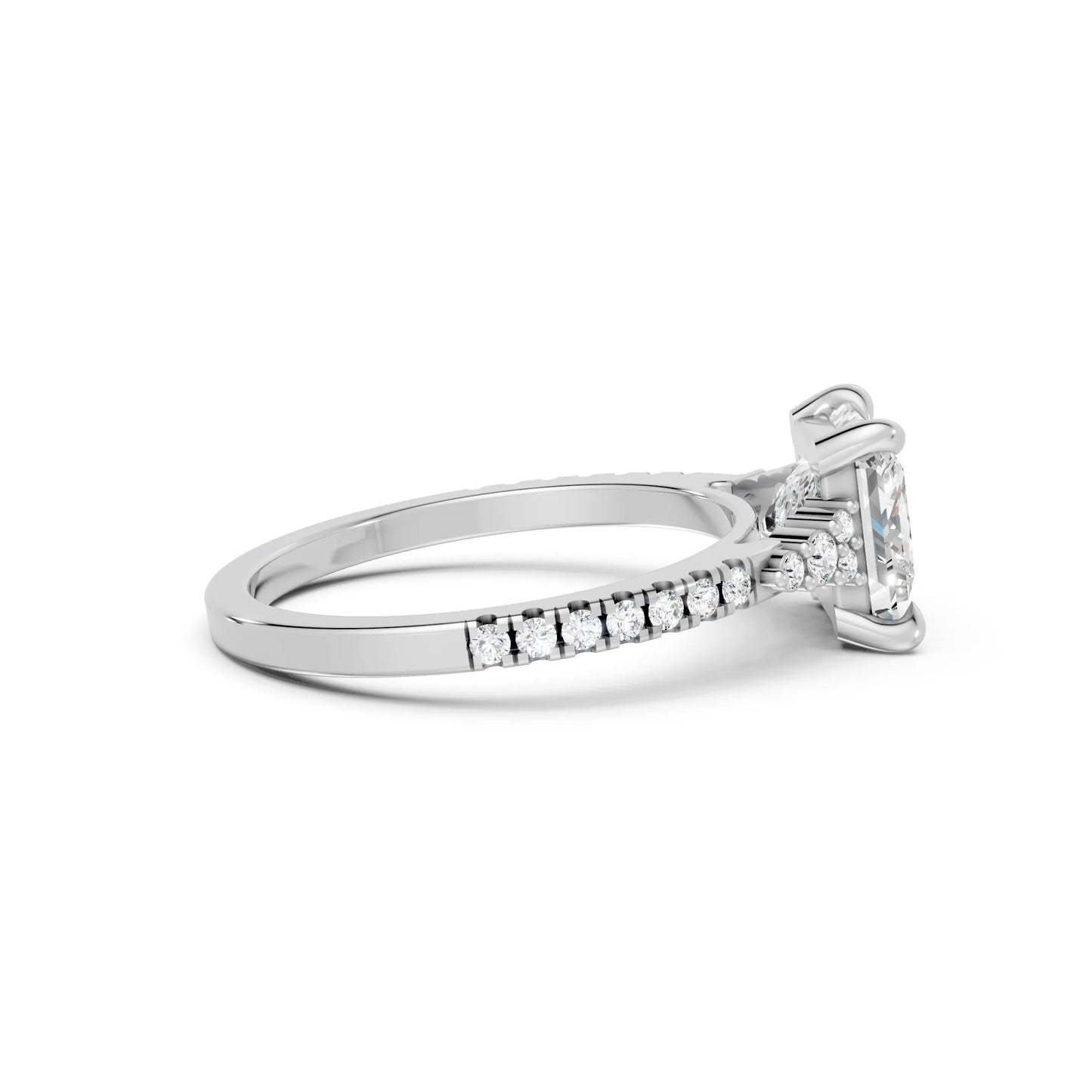 14K Gold Princess Cut Diamond Side Cluster Cathedral  Engagement Ring with Side Accents