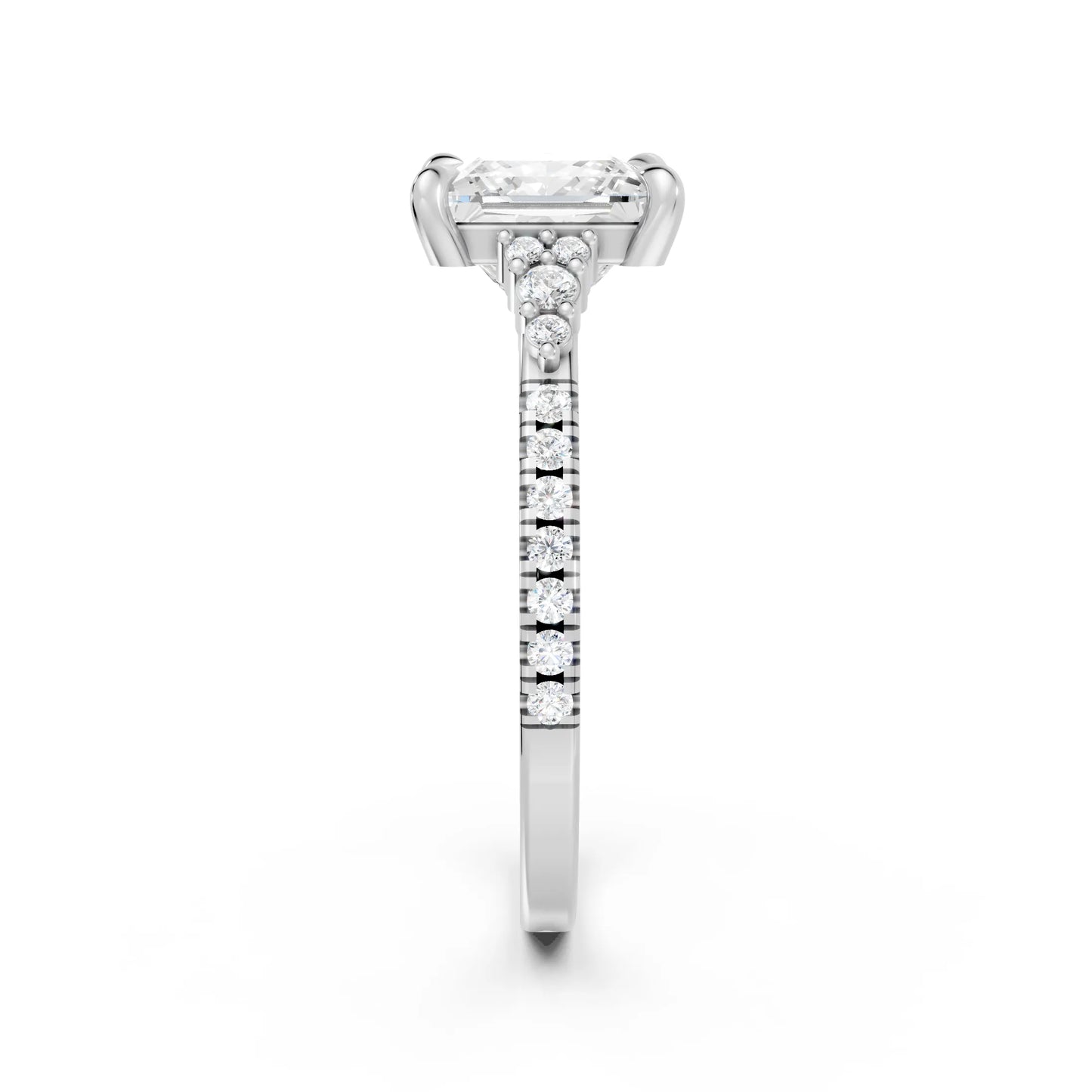14K Gold Princess Cut Diamond Side Cluster Cathedral  Engagement Ring with Side Accents