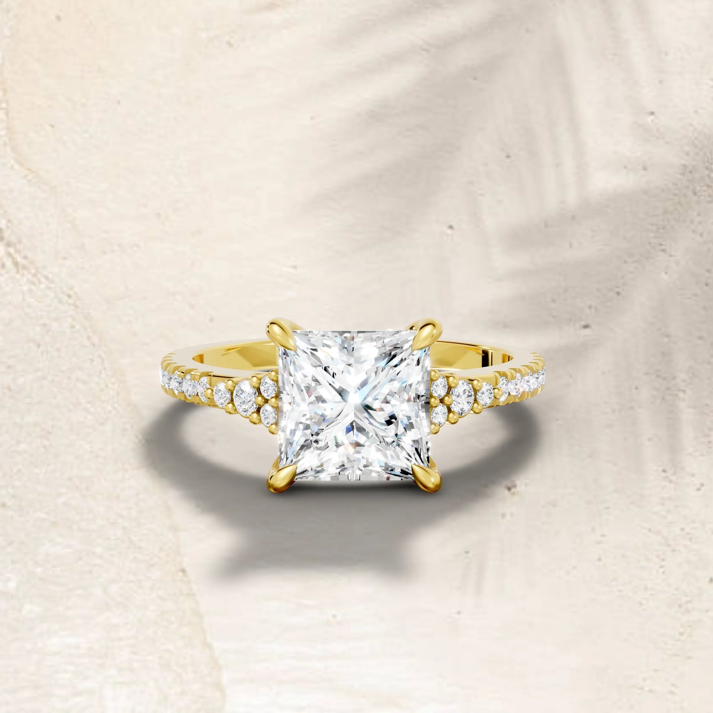 14K Gold Princess Cut Diamond Side Cluster Cathedral  Engagement Ring with Side Accents