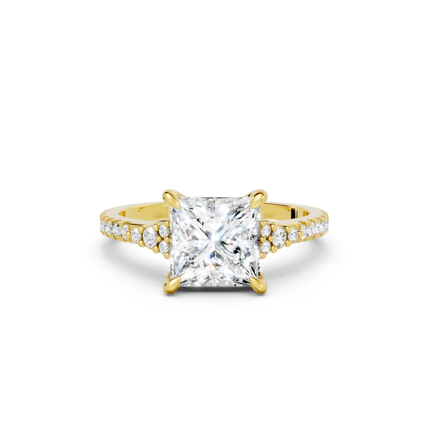 14K Gold Princess Cut Diamond Side Cluster Cathedral  Engagement Ring with Side Accents