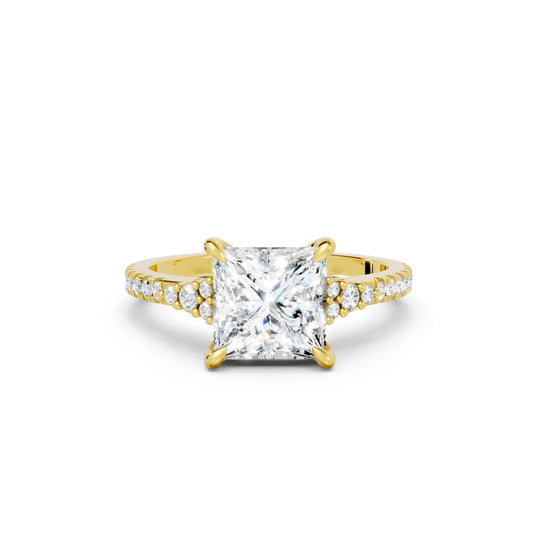 14K Gold Princess Cut Diamond Side Cluster Cathedral  Engagement Ring with Side Accents
