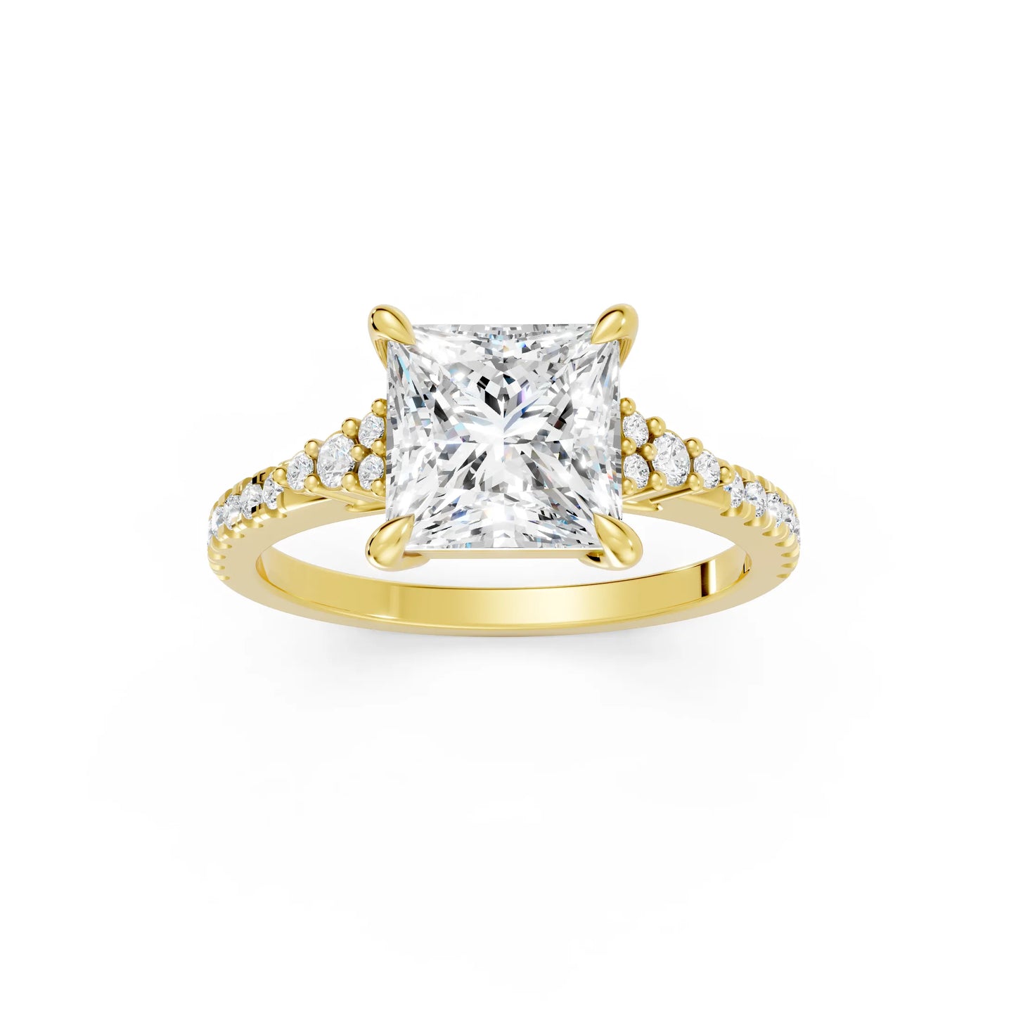 14K Gold Princess Cut Diamond Side Cluster Cathedral  Engagement Ring with Side Accents