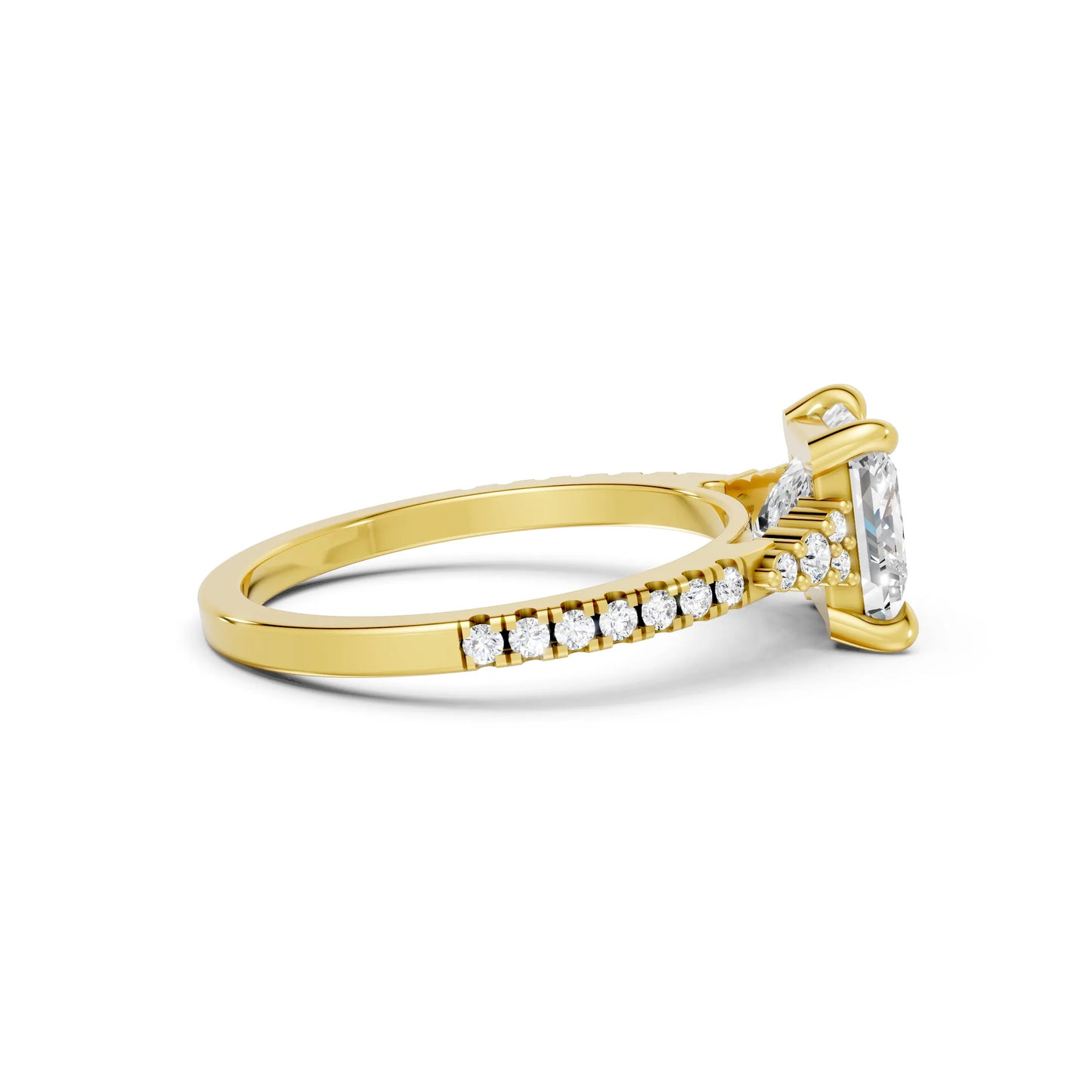 14K Gold Princess Cut Diamond Side Cluster Cathedral  Engagement Ring with Side Accents