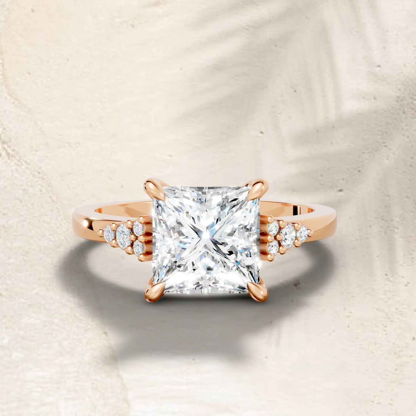 14K Gold Princess Cut Diamond Side Cluster Cathedral Engagement Ring