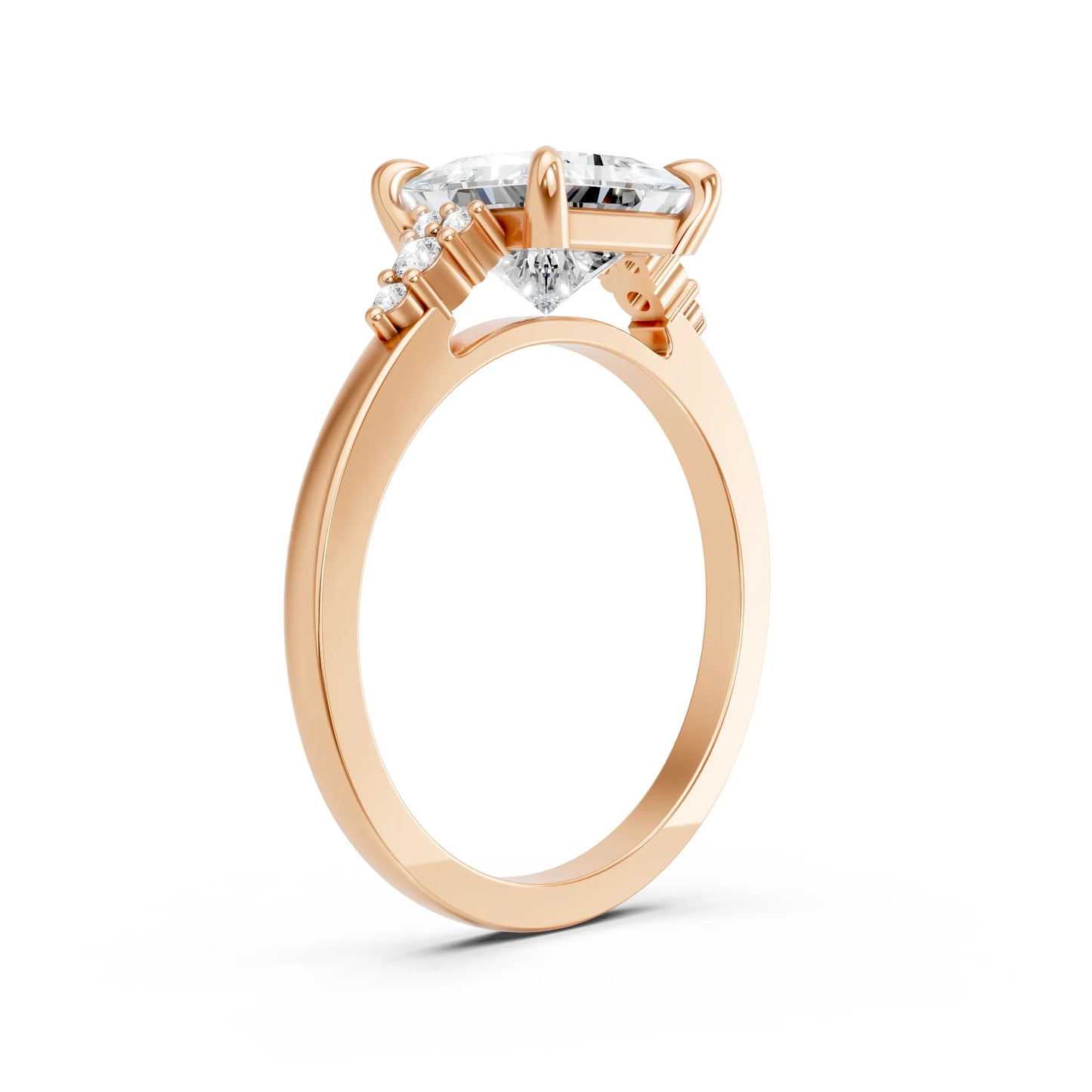 14K Gold Princess Cut Diamond Side Cluster Cathedral Engagement Ring