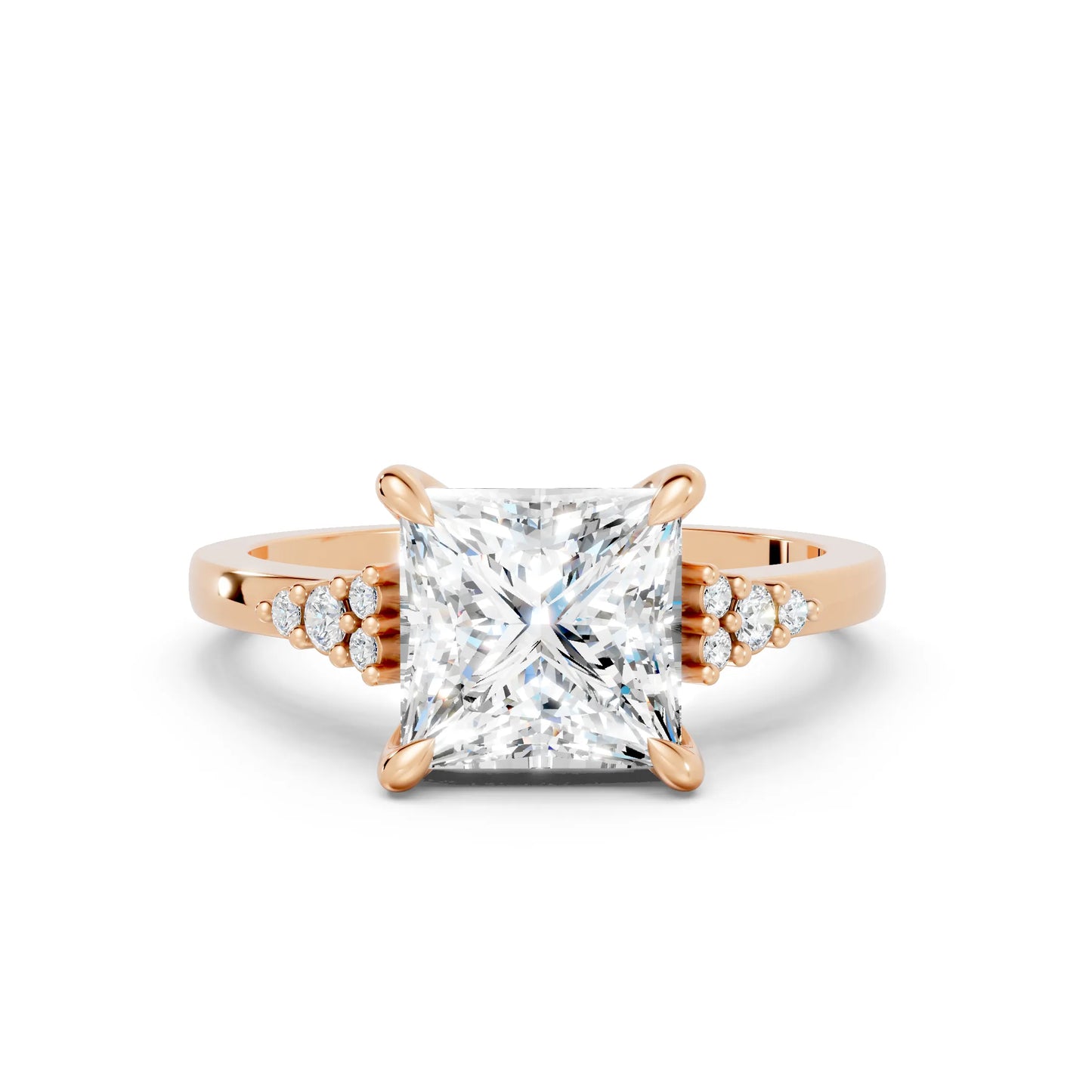 14K Gold Princess Cut Diamond Side Cluster Cathedral Engagement Ring