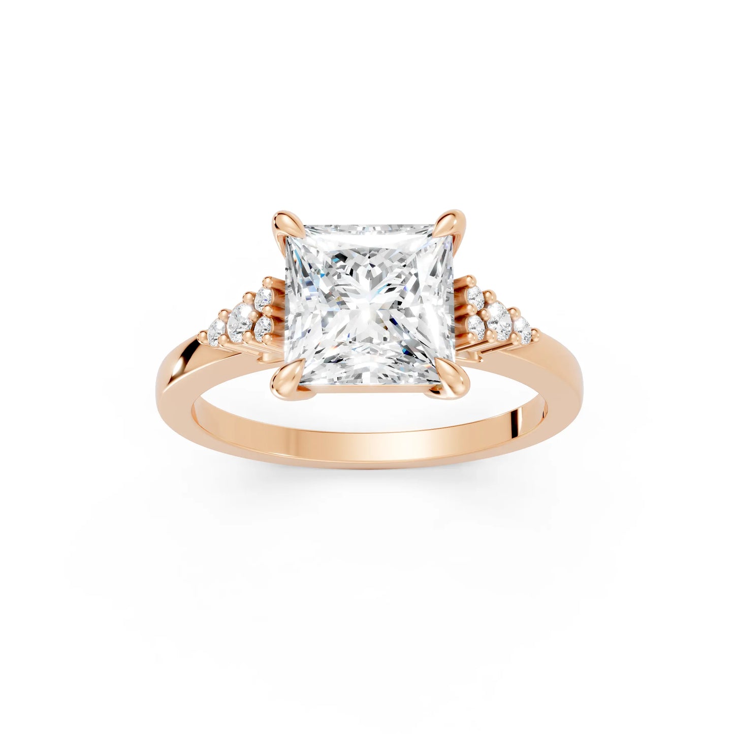 14K Gold Princess Cut Diamond Side Cluster Cathedral Engagement Ring