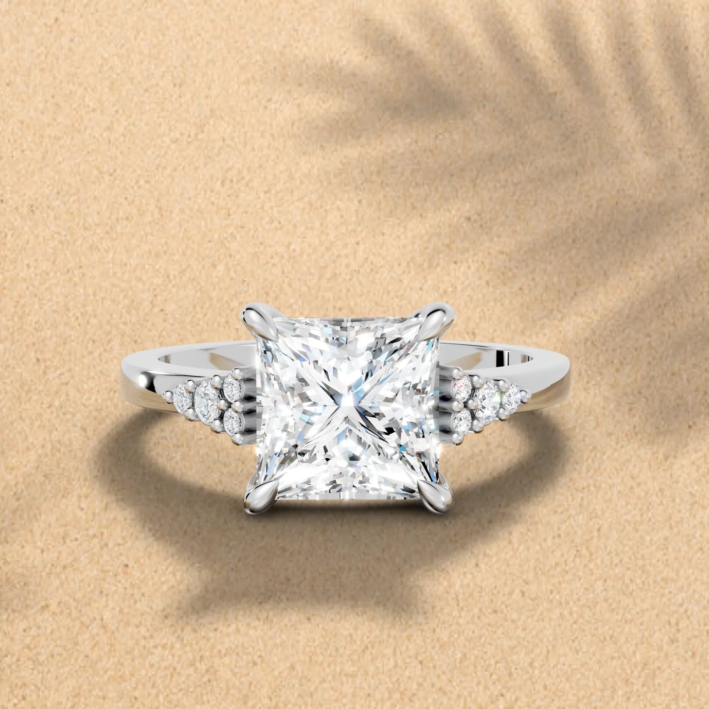 14K Gold Princess Cut Diamond Side Cluster Cathedral Engagement Ring