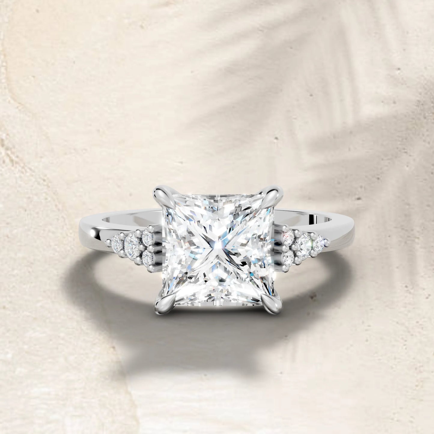14K Gold Princess Cut Diamond Side Cluster Cathedral Engagement Ring