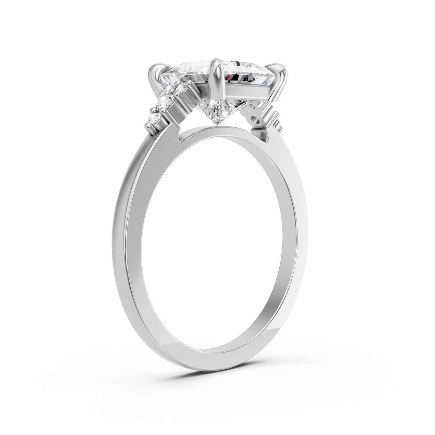 14K Gold Princess Cut Diamond Side Cluster Cathedral Engagement Ring