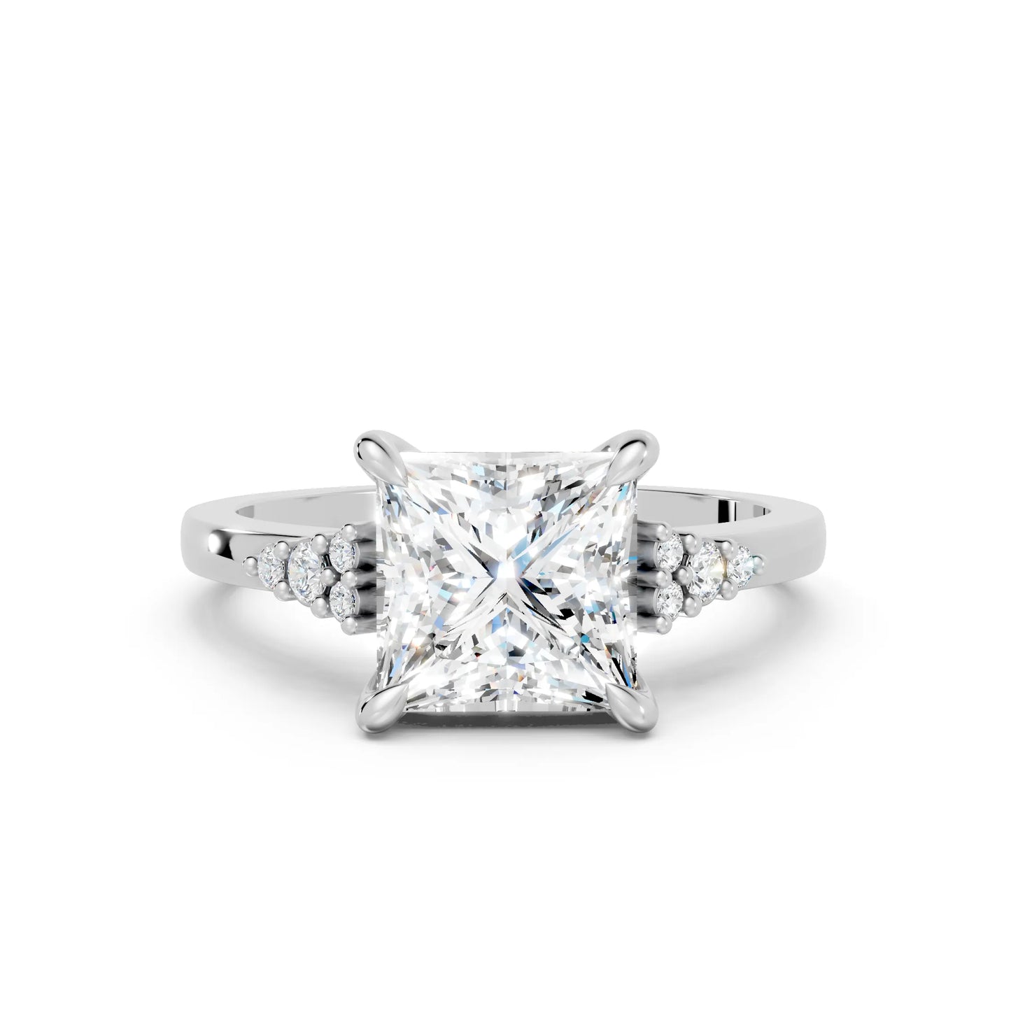 14K Gold Princess Cut Diamond Side Cluster Cathedral Engagement Ring
