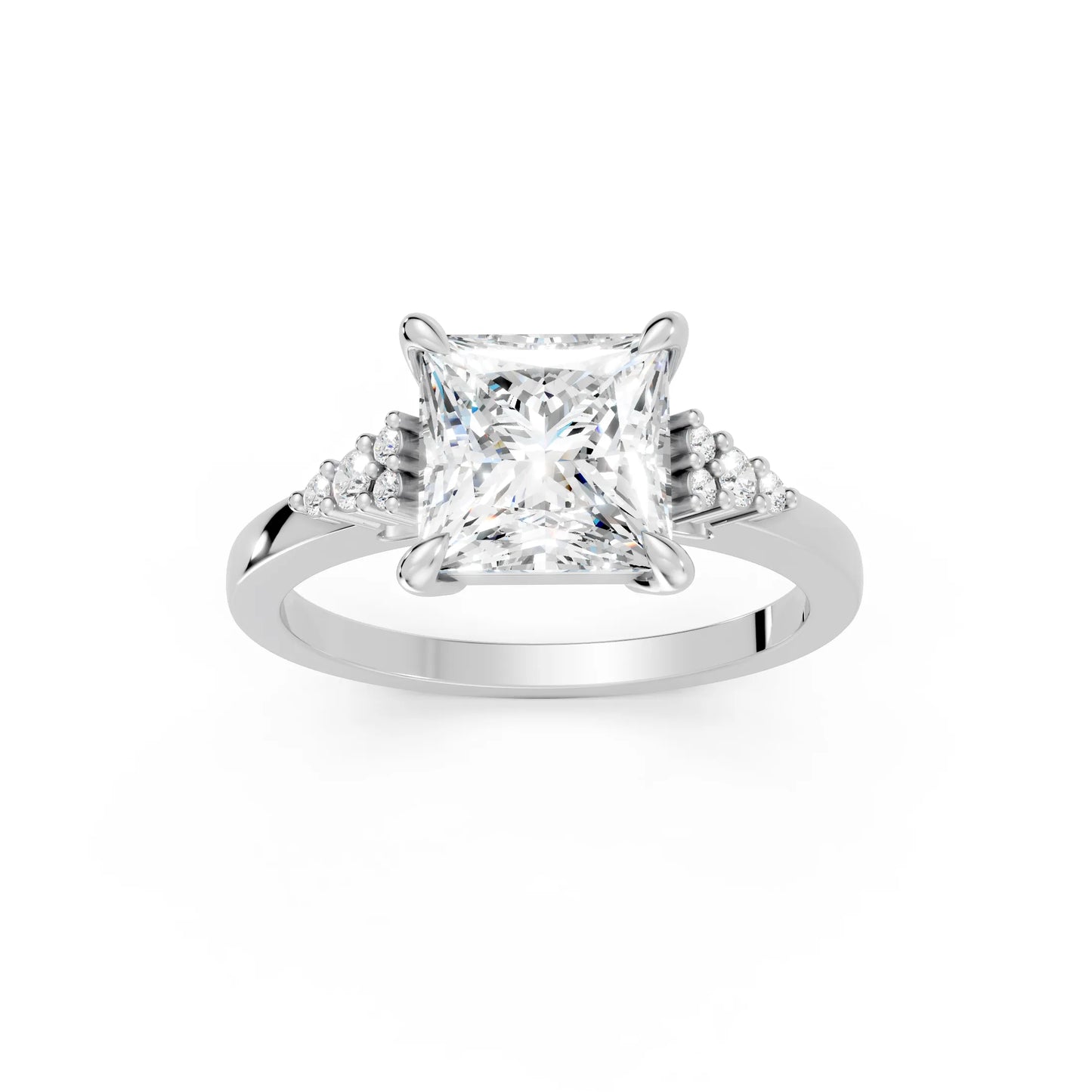 14K Gold Princess Cut Diamond Side Cluster Cathedral Engagement Ring