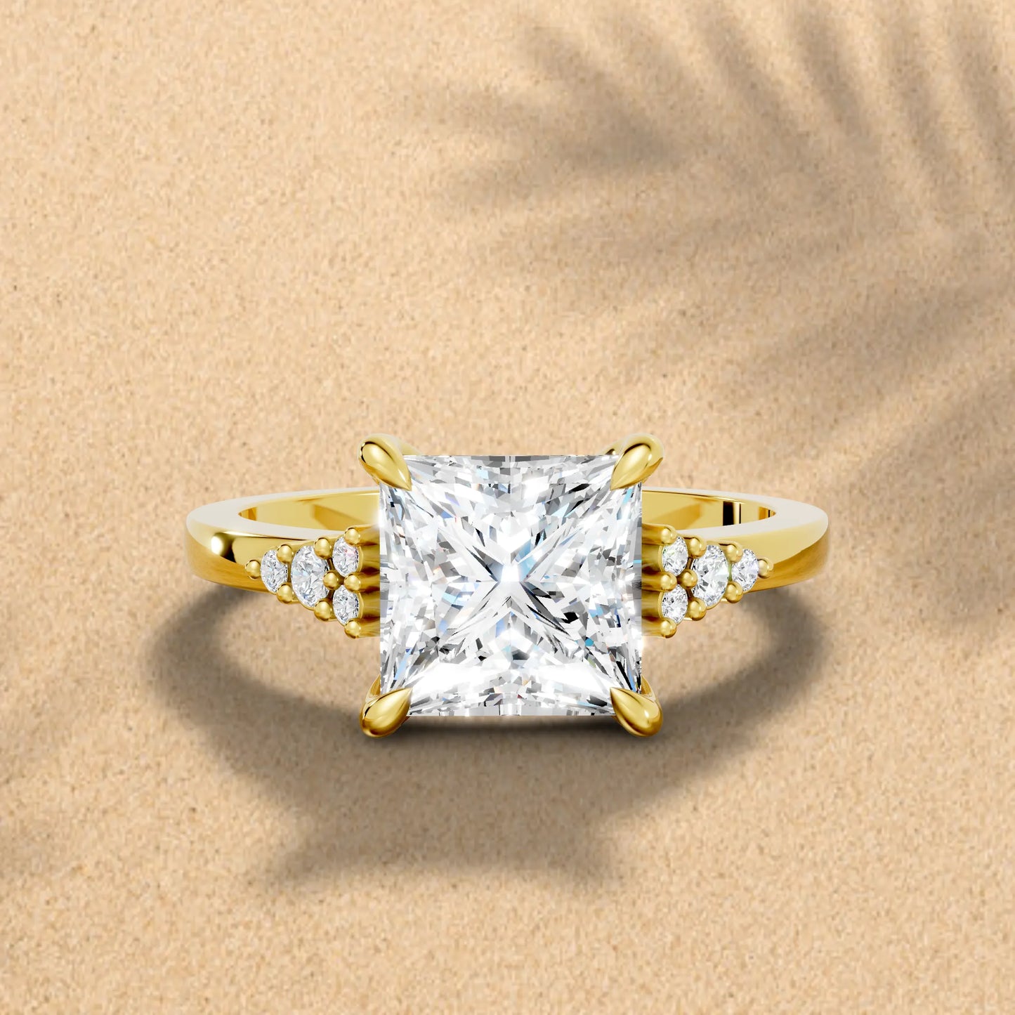14K Gold Princess Cut Diamond Side Cluster Cathedral Engagement Ring