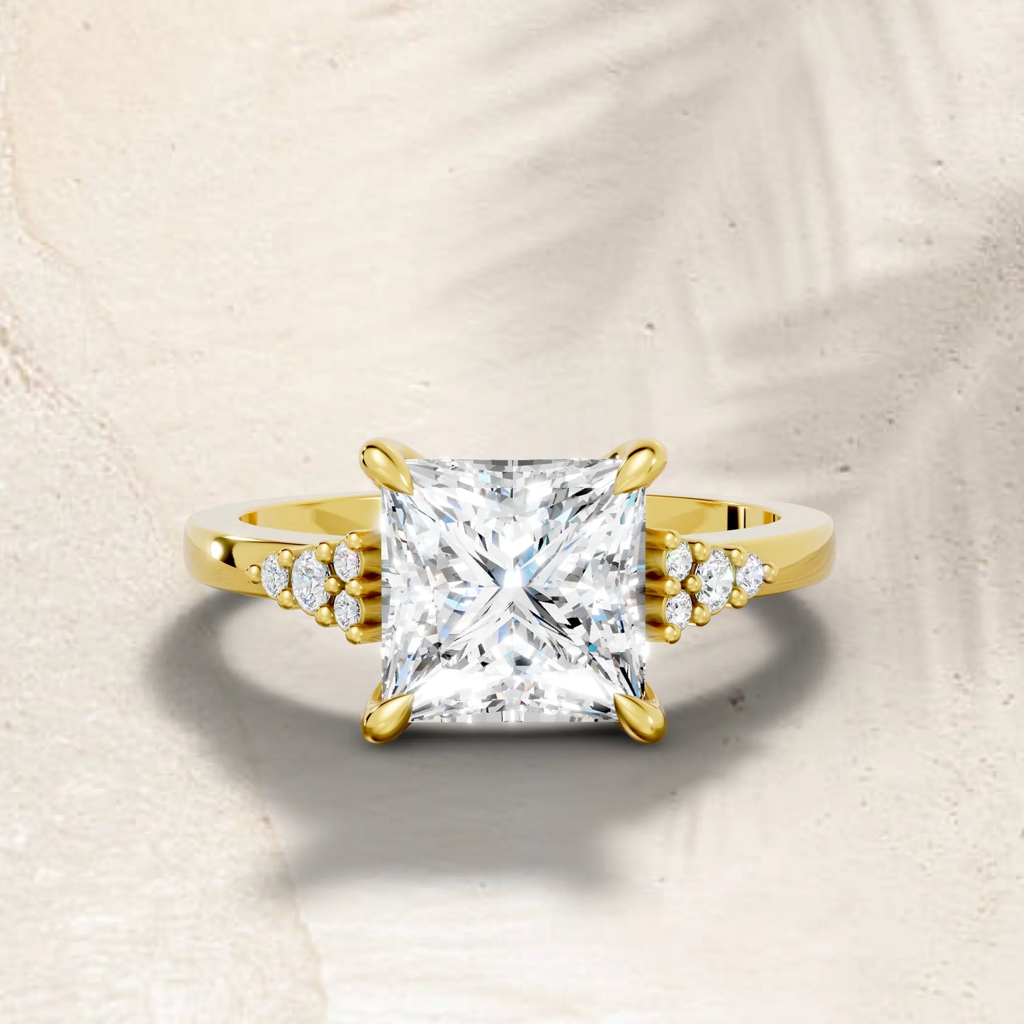 14K Gold Princess Cut Diamond Side Cluster Cathedral Engagement Ring