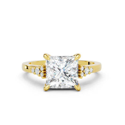 14K Gold Princess Cut Diamond Side Cluster Cathedral Engagement Ring