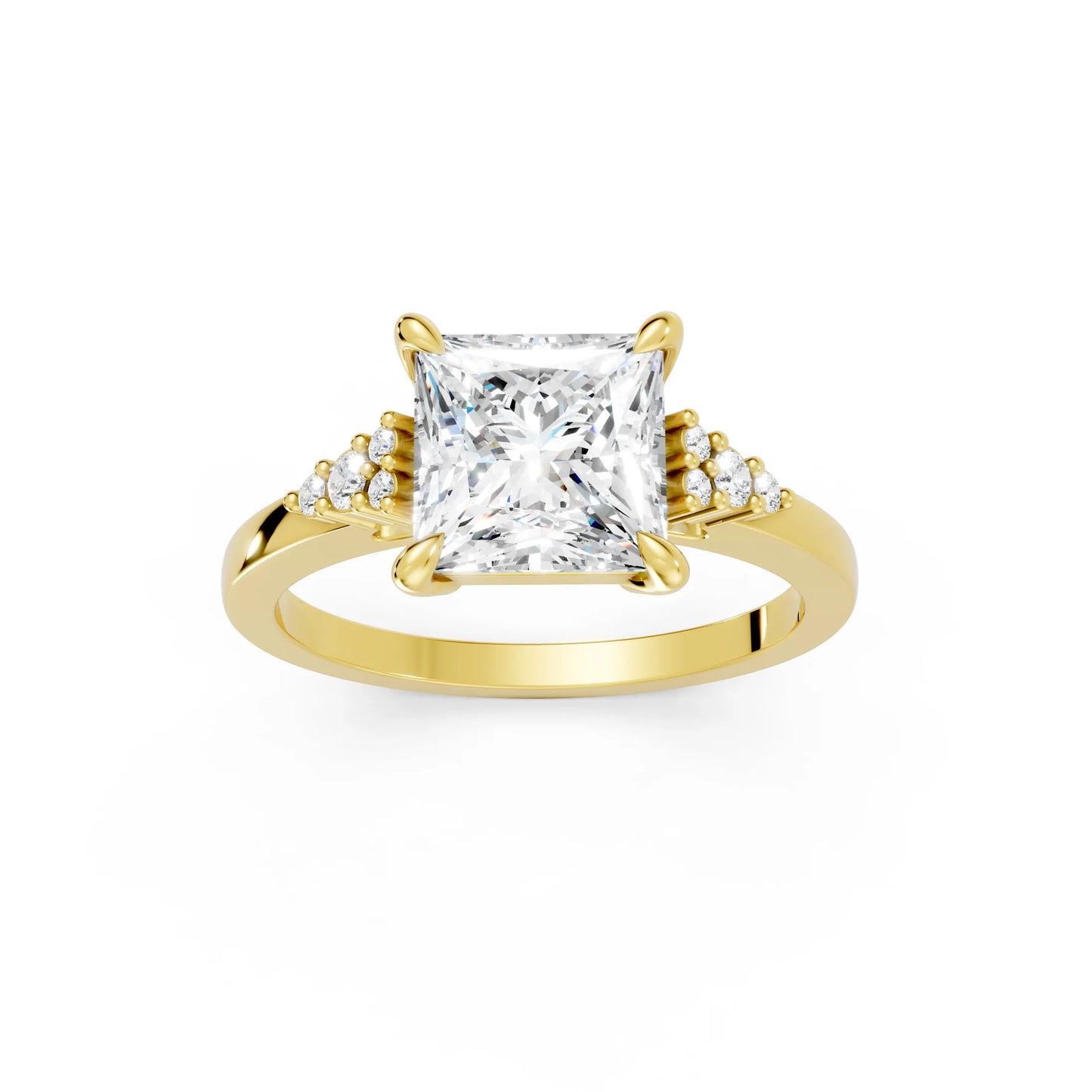 14K Gold Princess Cut Diamond Side Cluster Cathedral Engagement Ring
