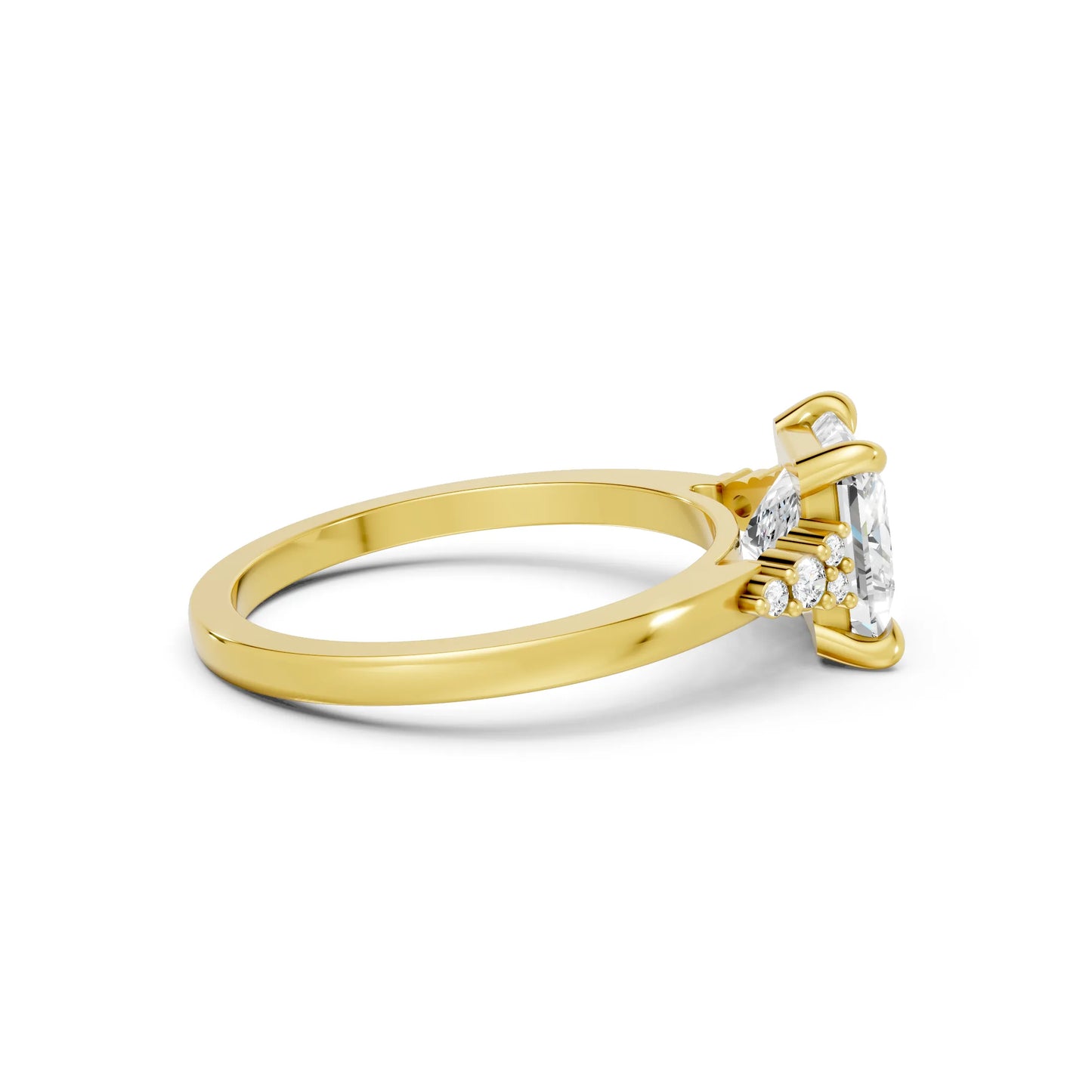 14K Gold Princess Cut Diamond Side Cluster Cathedral Engagement Ring