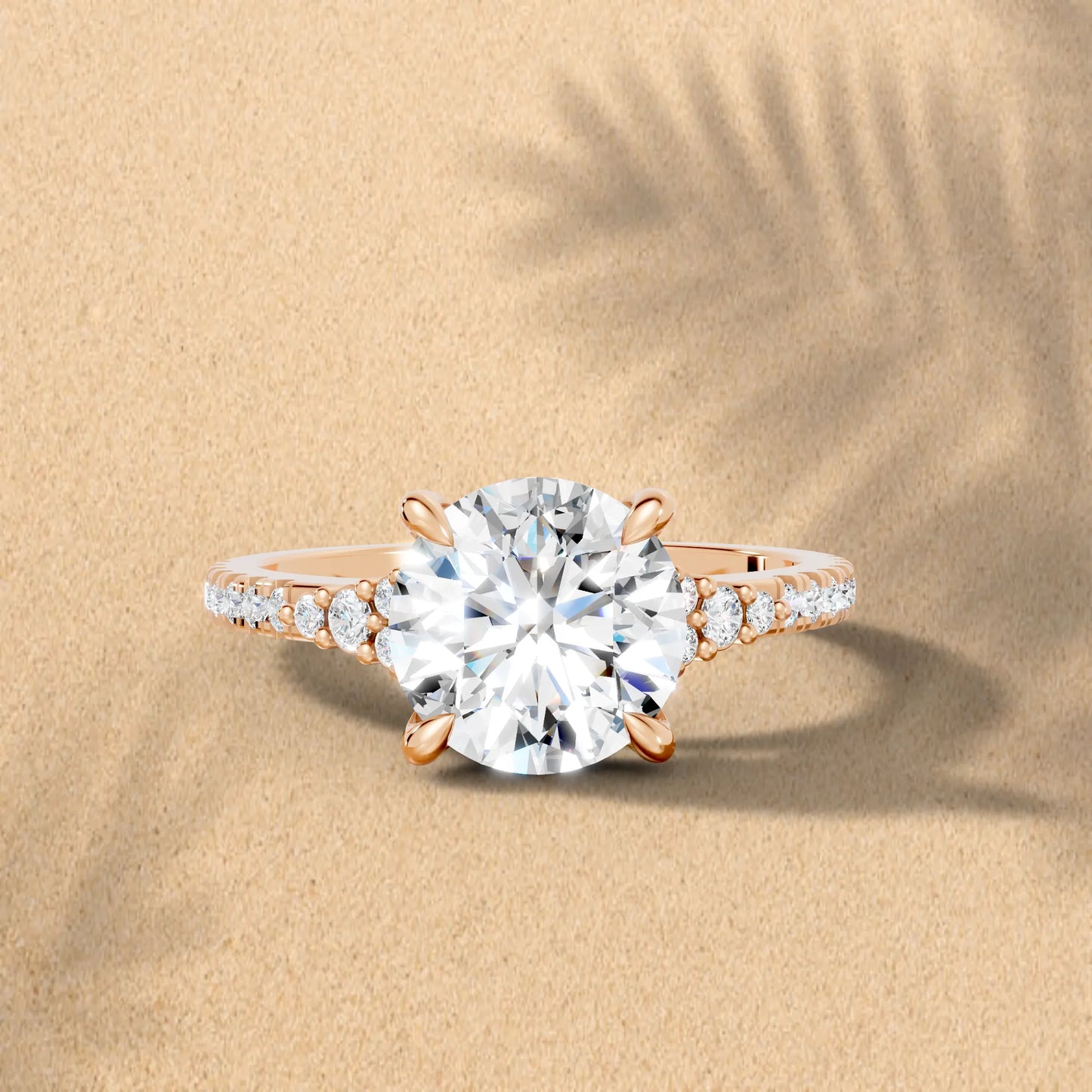 14K Gold Round Cut Diamond Side Cluster Cathedral Engagement Ring with Side Accents