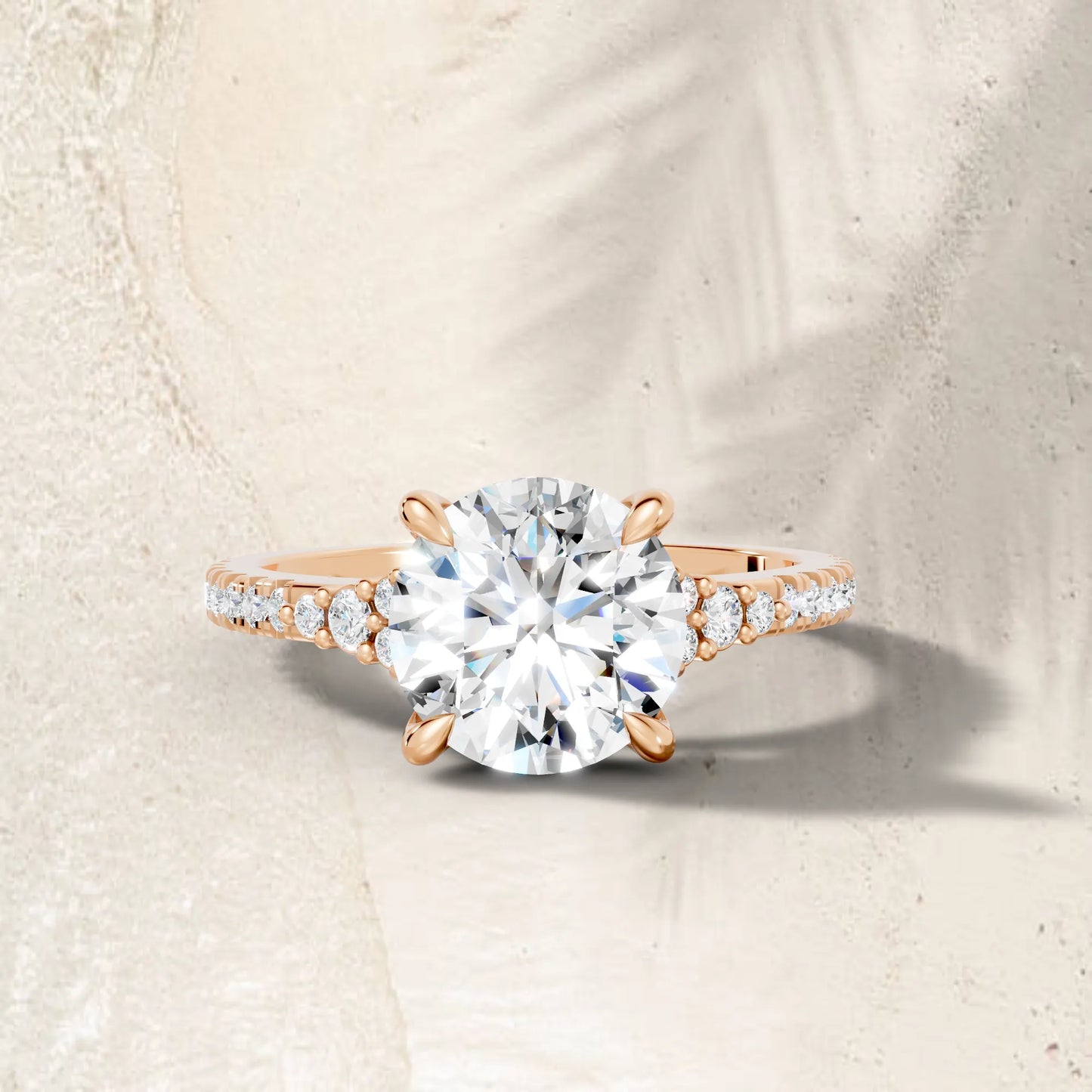 14K Gold Round Cut Diamond Side Cluster Cathedral Engagement Ring with Side Accents