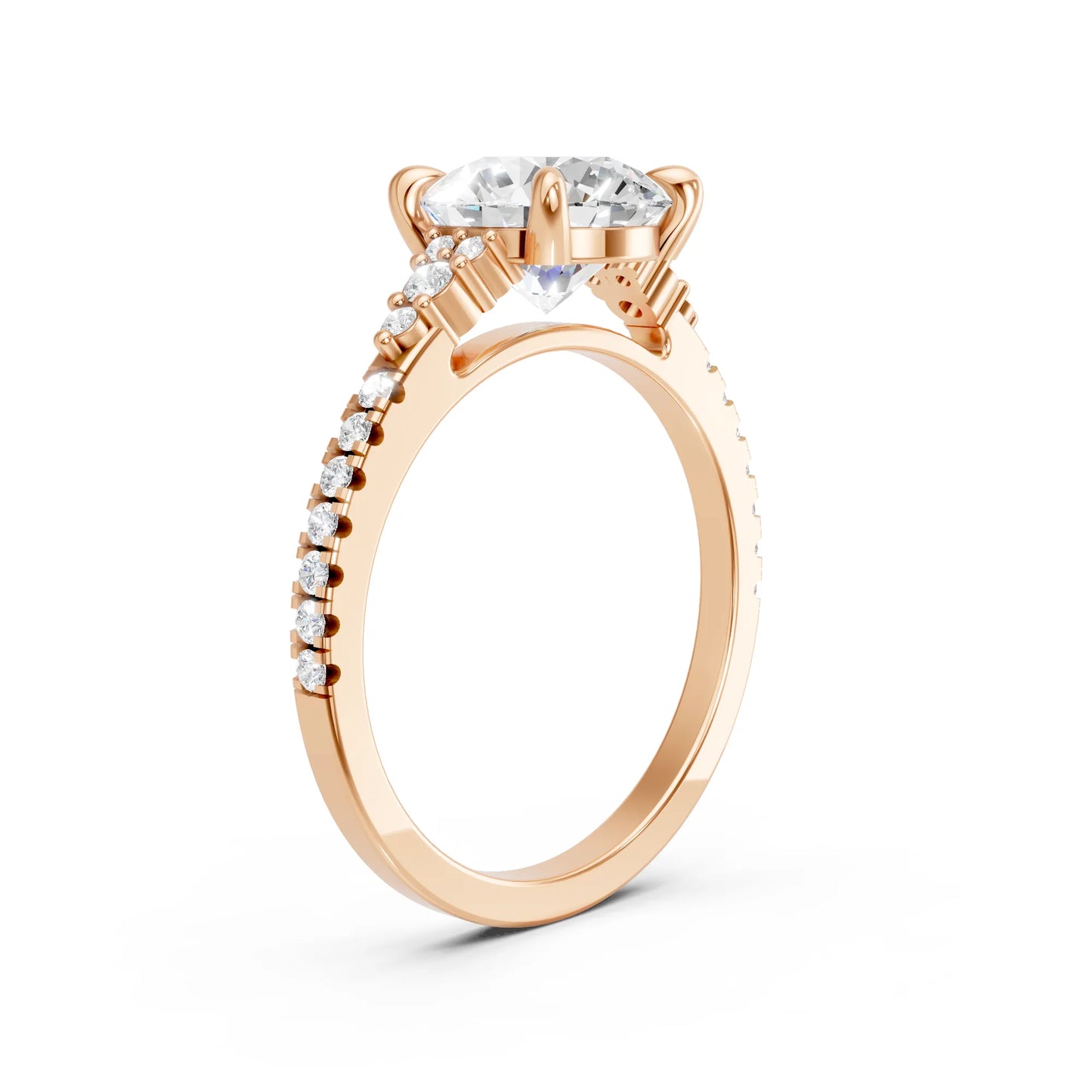 14K Gold Round Cut Diamond Side Cluster Cathedral Engagement Ring with Side Accents
