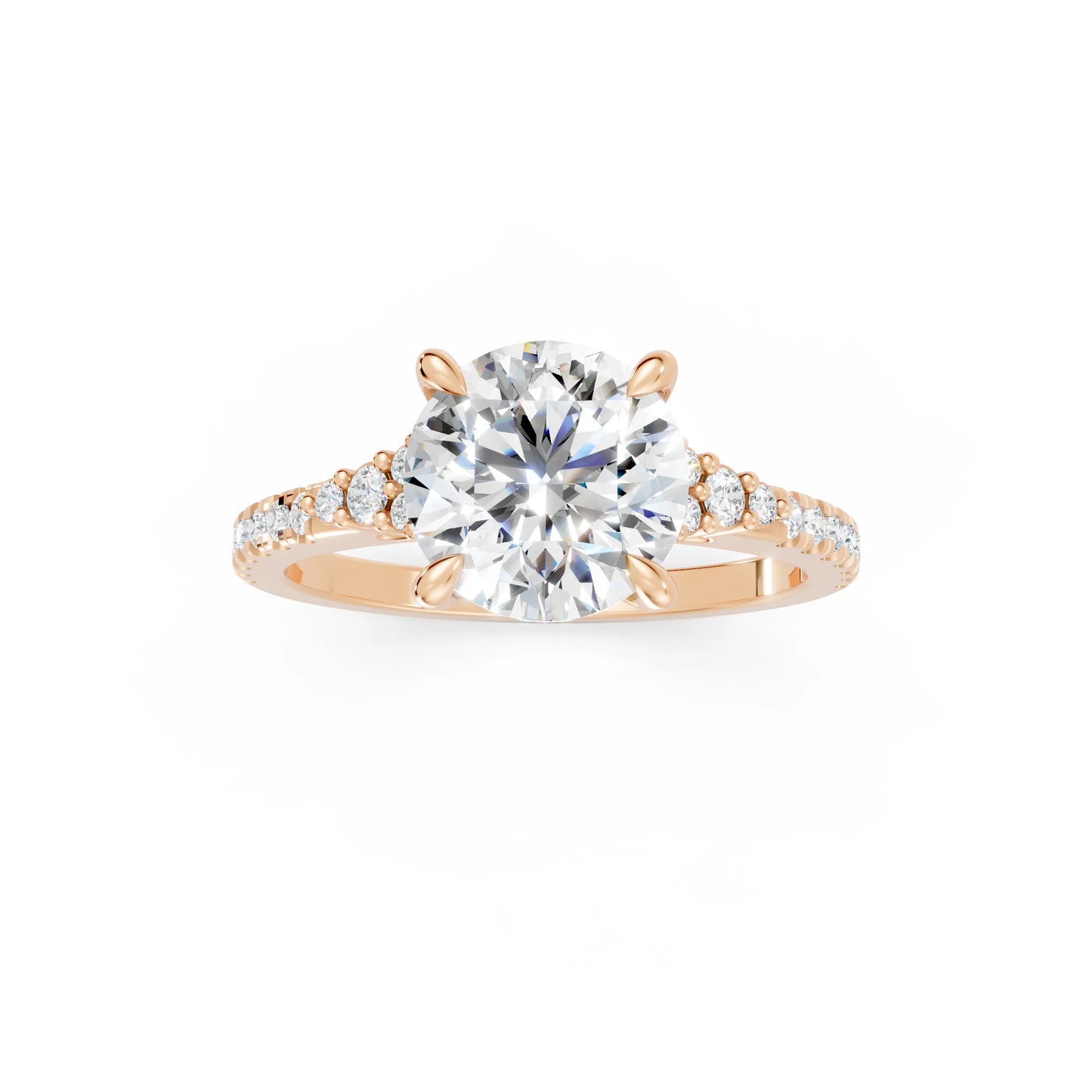 14K Gold Round Cut Diamond Side Cluster Cathedral Engagement Ring with Side Accents