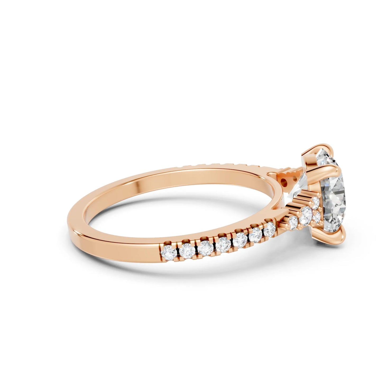 14K Gold Round Cut Diamond Side Cluster Cathedral Engagement Ring with Side Accents