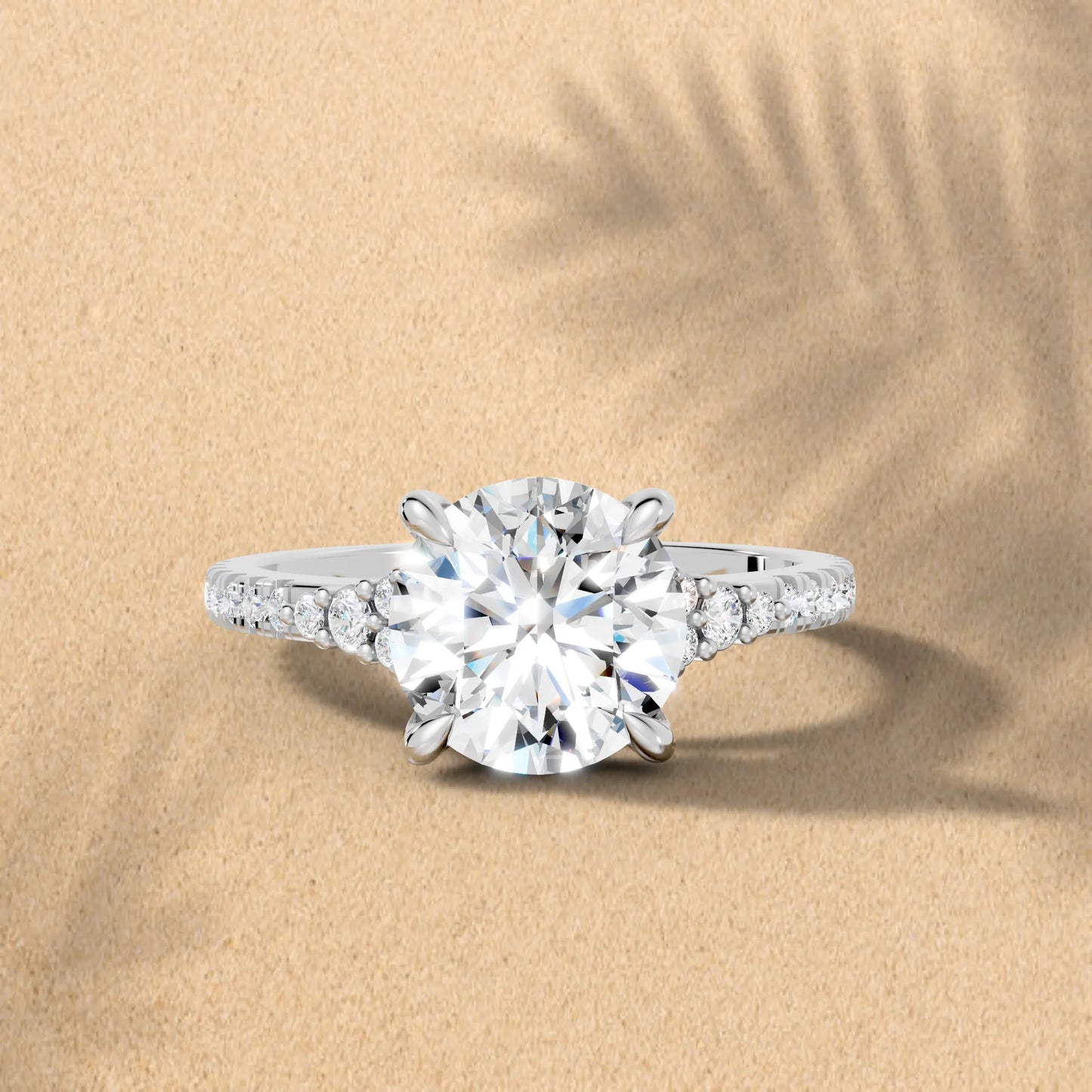 14K Gold Round Cut Diamond Side Cluster Cathedral Engagement Ring with Side Accents