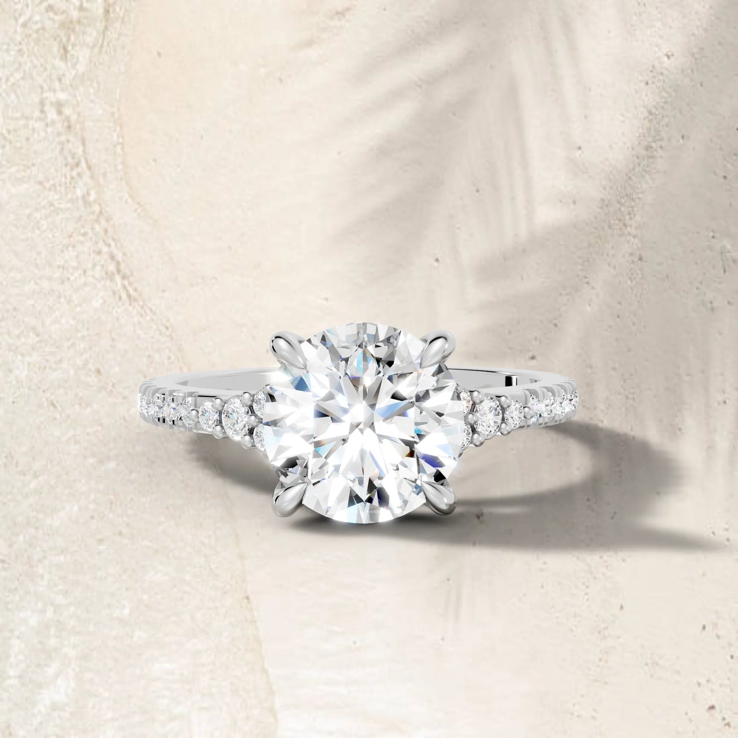 14K Gold Round Cut Diamond Side Cluster Cathedral Engagement Ring with Side Accents