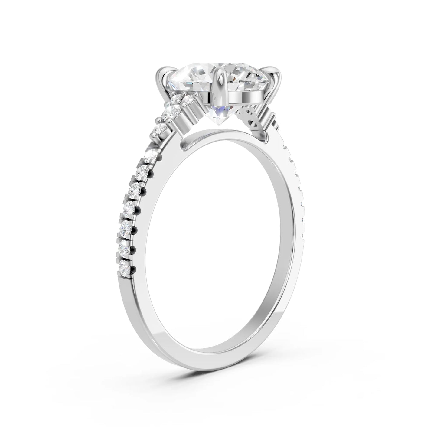 14K Gold Round Cut Diamond Side Cluster Cathedral Engagement Ring with Side Accents