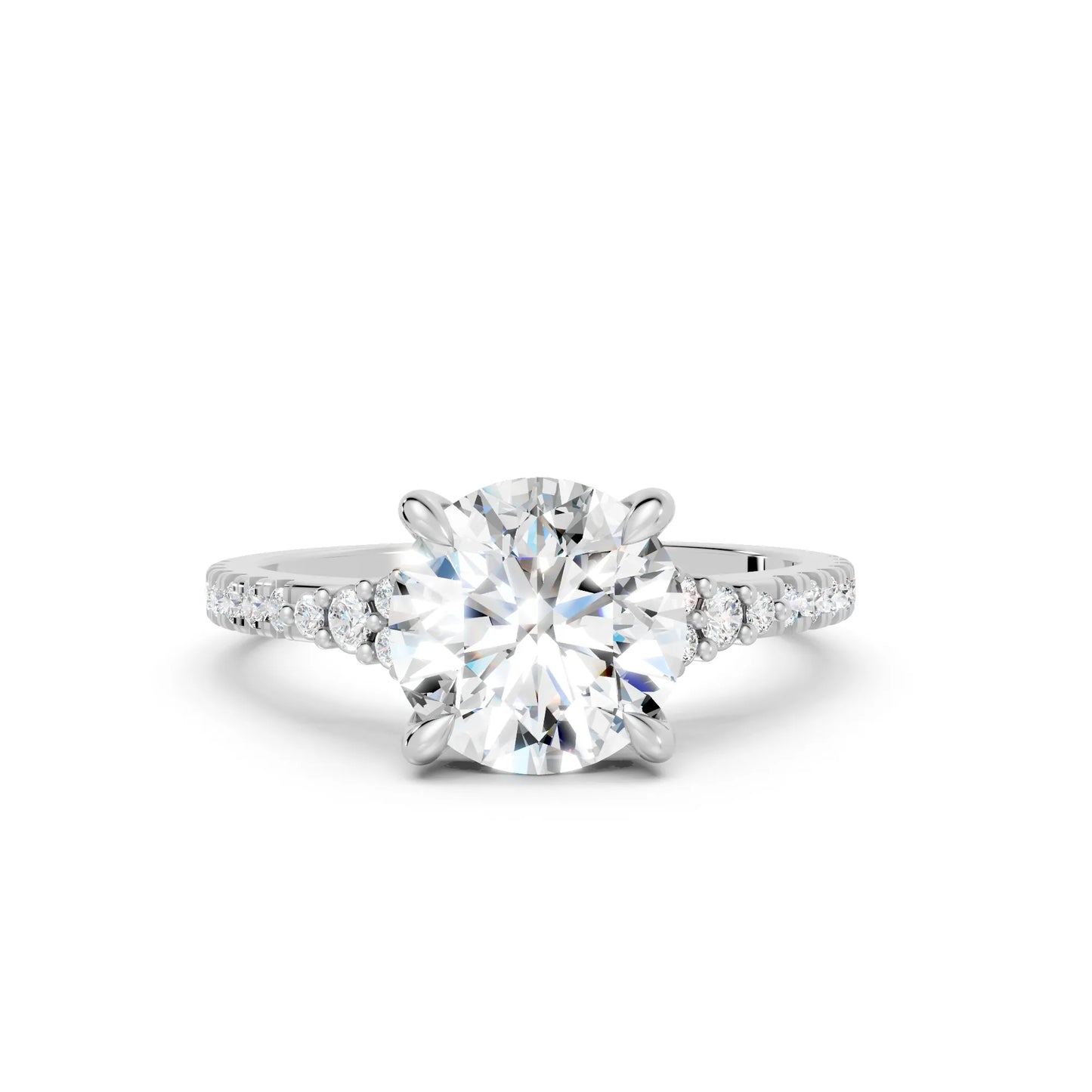 14K Gold Round Cut Diamond Side Cluster Cathedral Engagement Ring with Side Accents