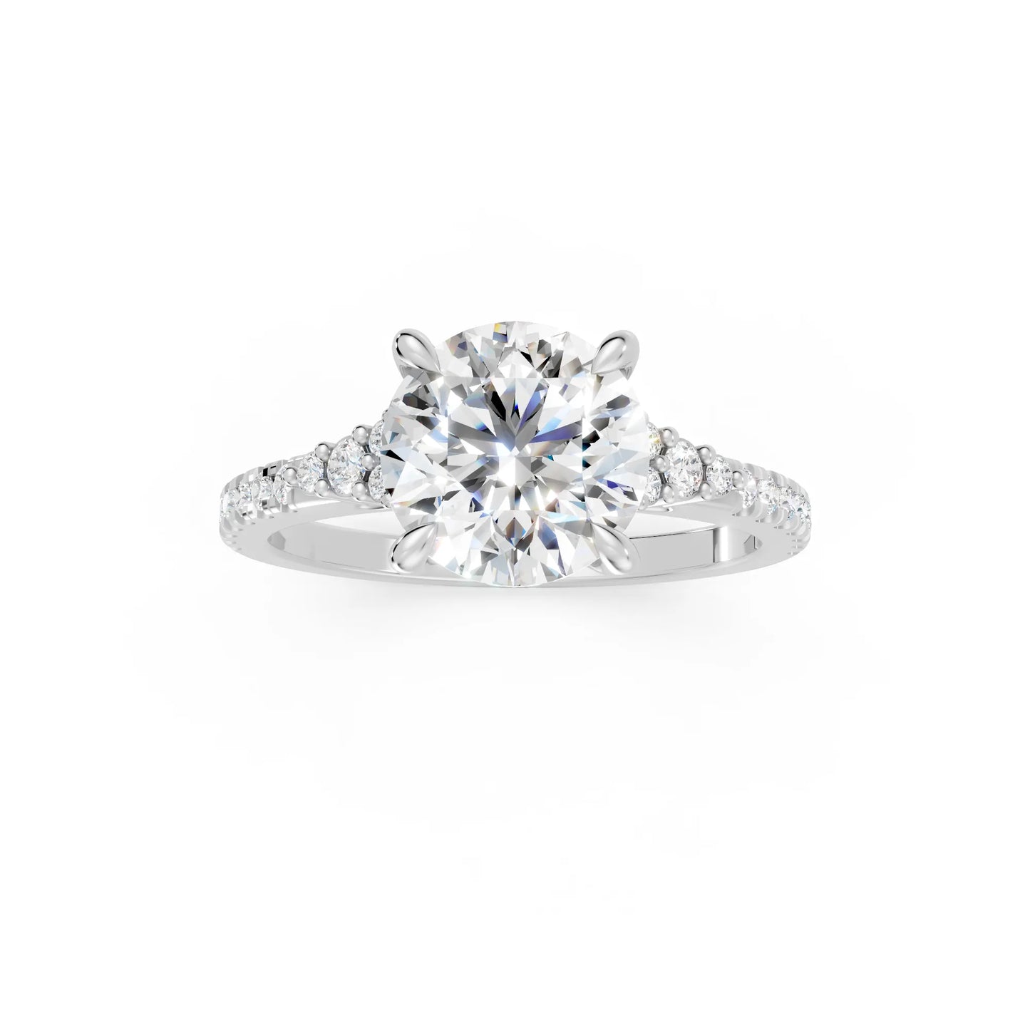 14K Gold Round Cut Diamond Side Cluster Cathedral Engagement Ring with Side Accents
